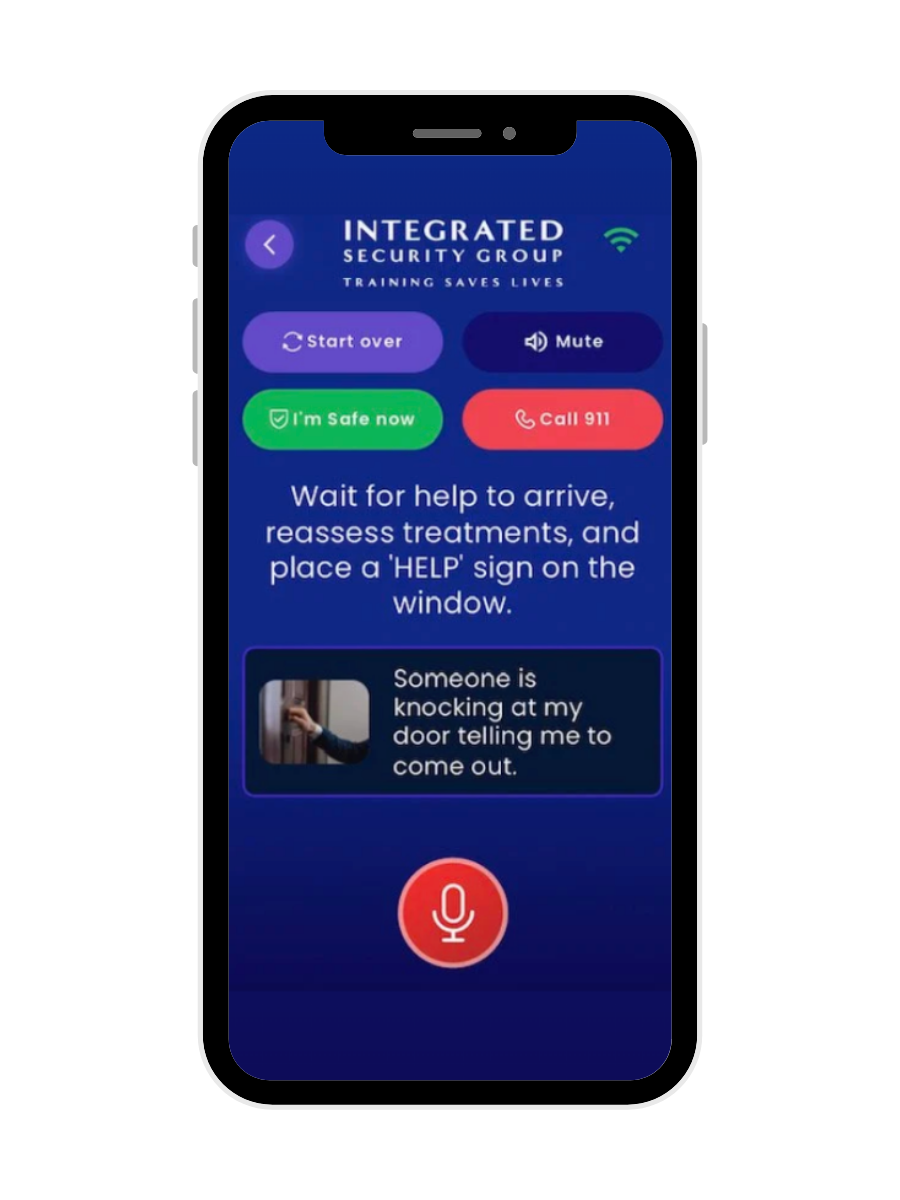 Shooter On Scene™ app screen displaying emergency response options and guided prompts during an active threat.
