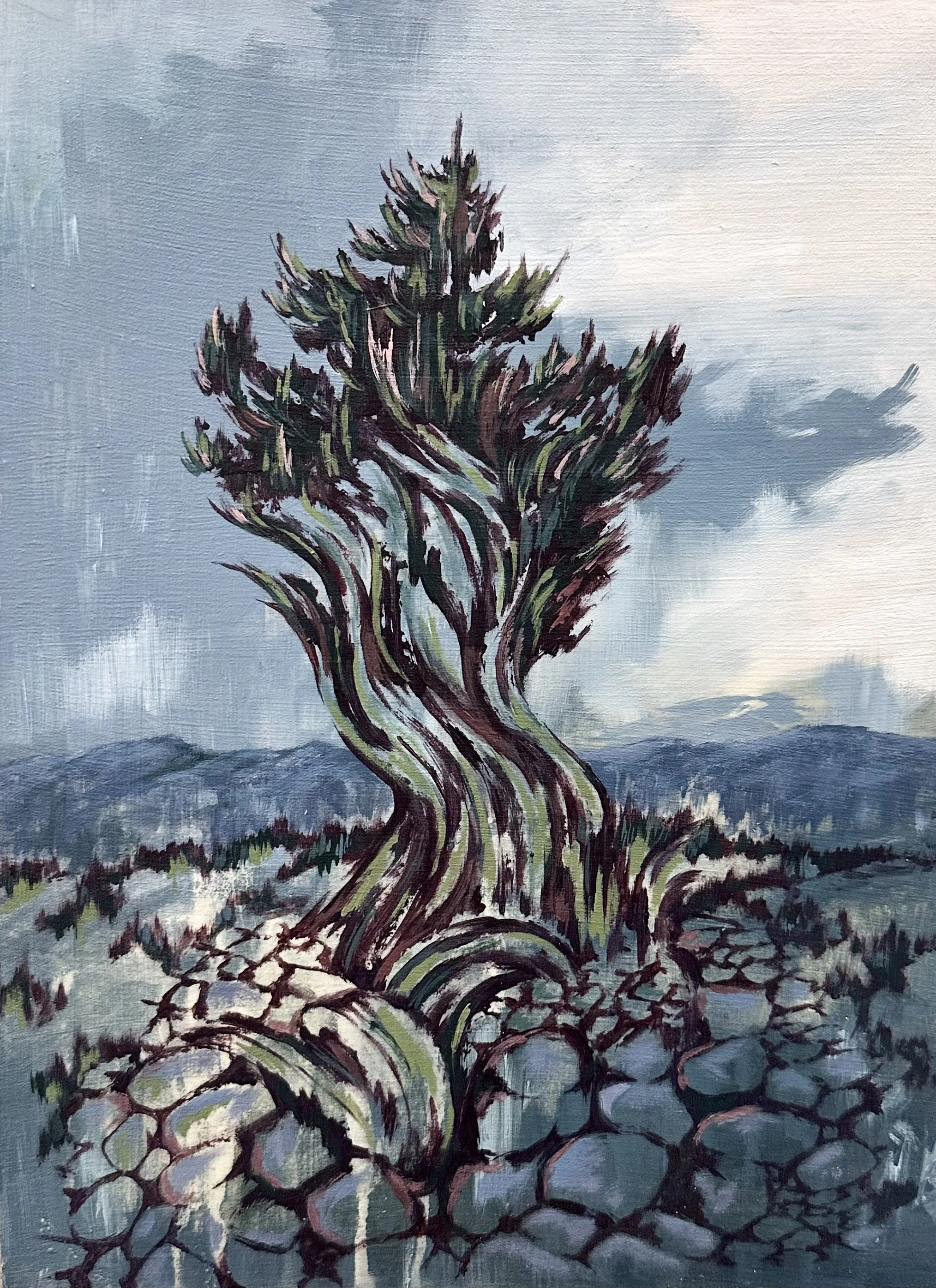 “Pine Keeper”, acrylic on wood panel, 12"x9"