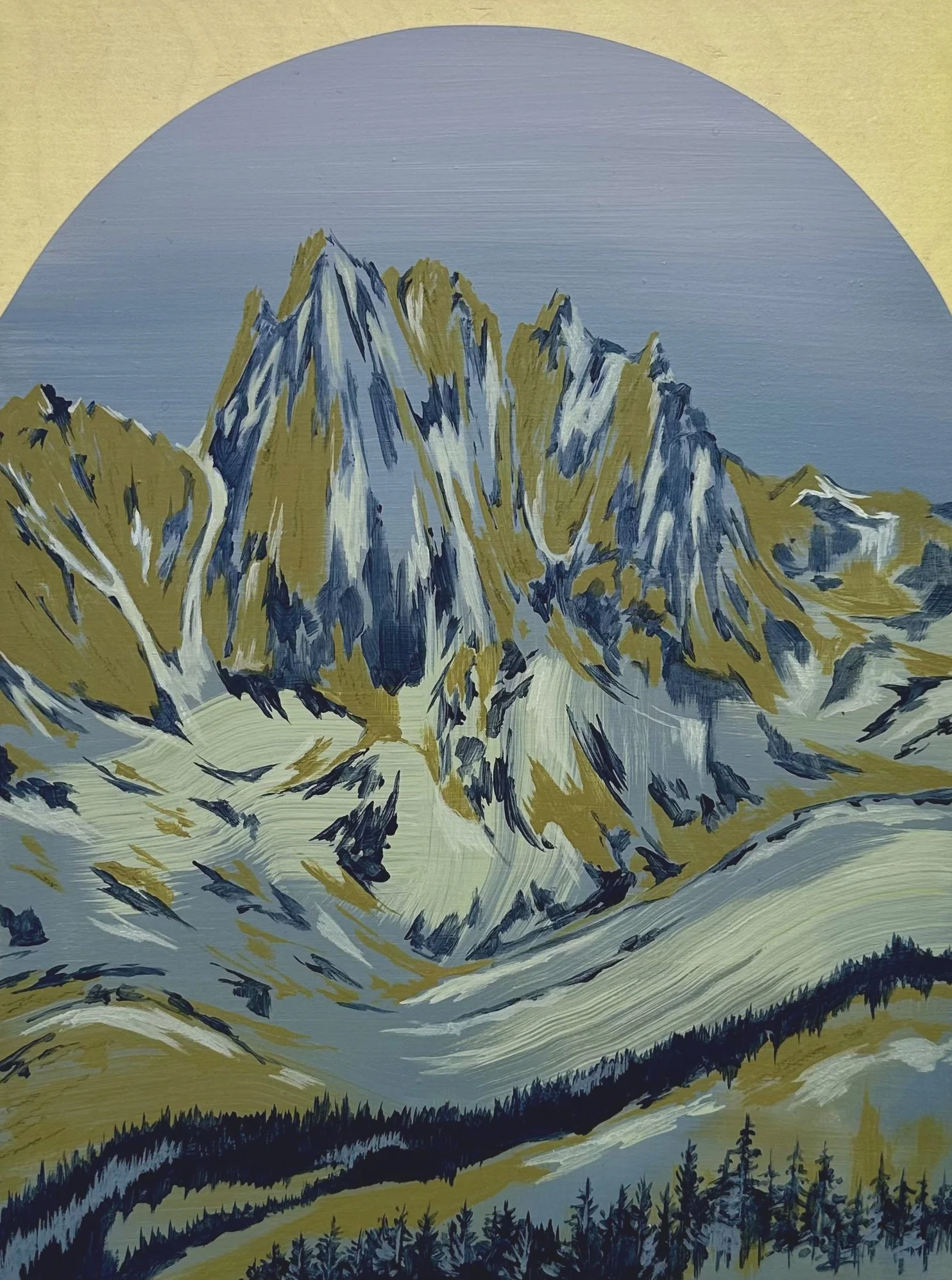 "Spires of the Sierra", oil, acrylic, gouache, and pastel on wood panel, 12"x9". SOLD