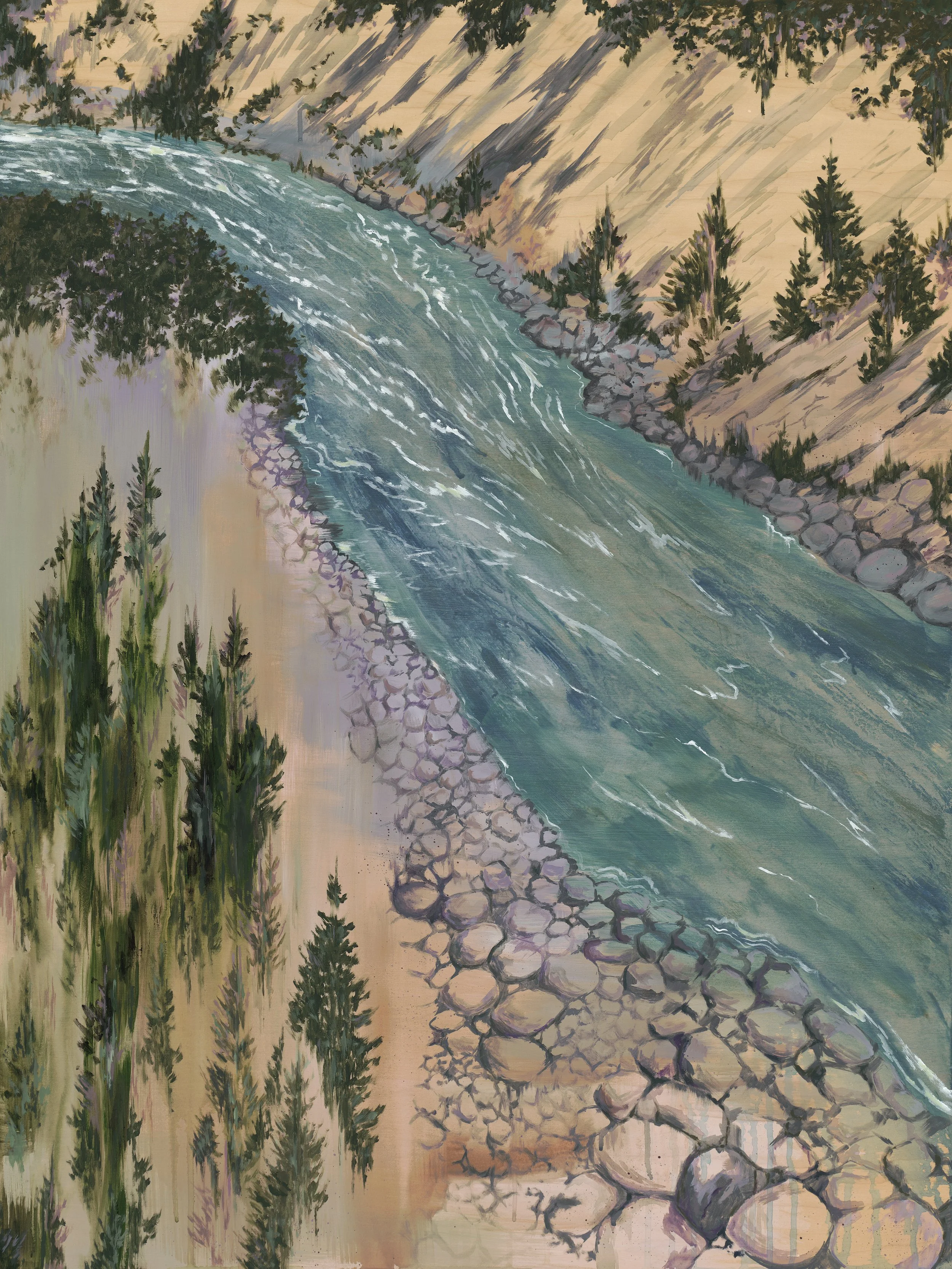 "Salmon’s Freedom Flow", acrylic on wood panel, 40"x30".