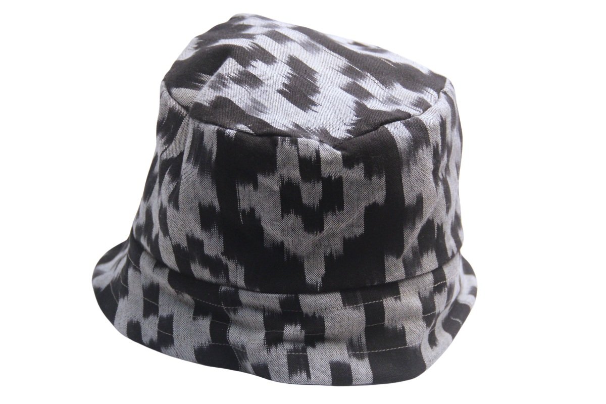 Black + Ivory Ikat Fabric Reversible Bucket Hat - Size M/L