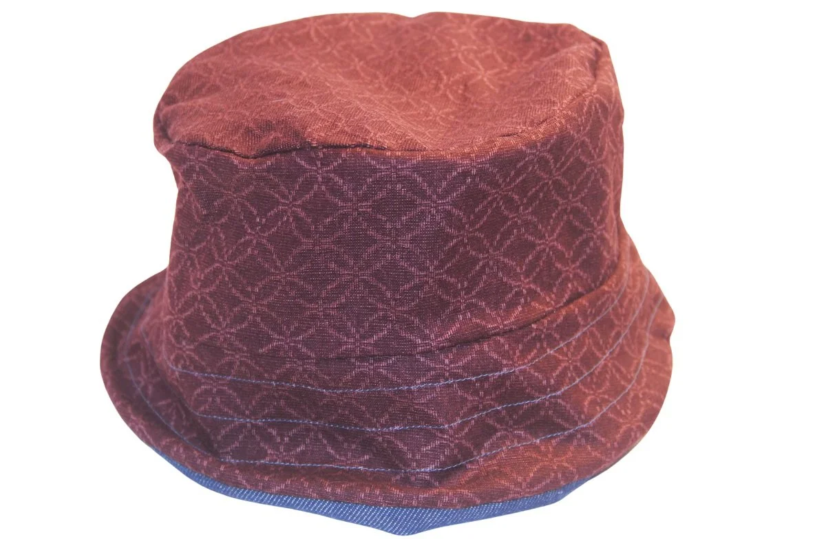 Burgundy + Denim Cotton Reversible Bucket Hat - Size M/L
