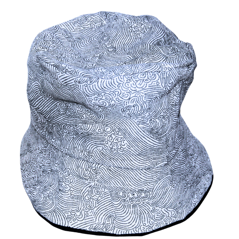 Dotted Wave White + Navy Denim Reversible Bucket Hat - Tall Size M/L