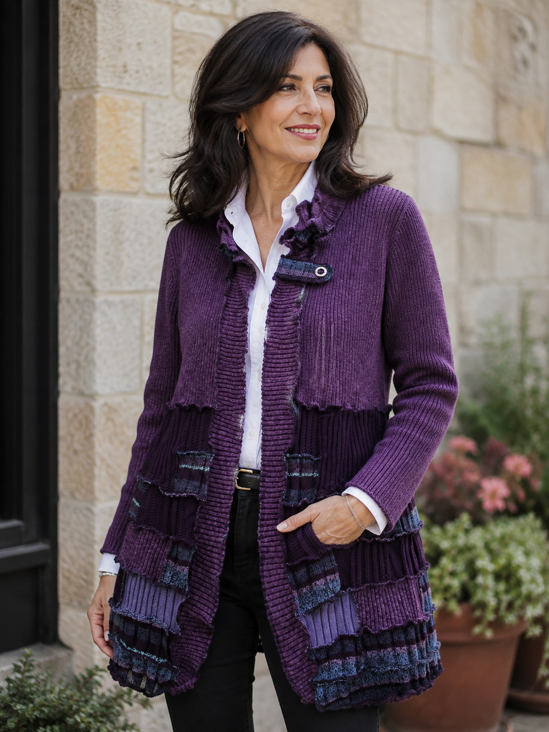 Shop upcycled sweater jackets like this one at EB2 Vintage.