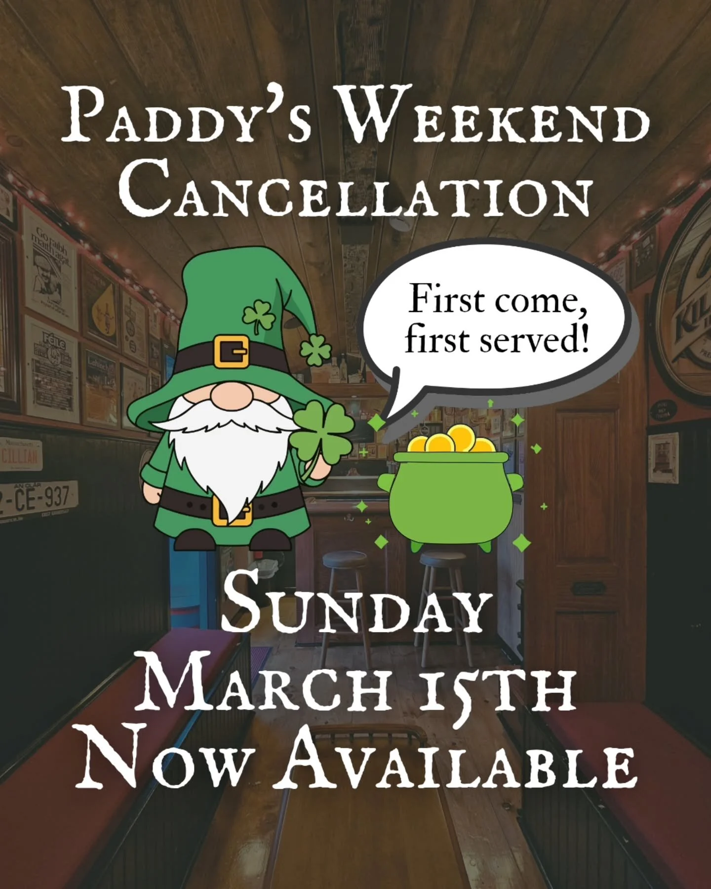 This is not a drill! We just had a cancellation for Sunday, March 15th 2026. 🇮🇪☘️🍺 If you'd like to book The Wandering Druid this Paddy's weekend, please fill out the Booking Request Form on our website, link in bio! 💚🤍🧡 #stpatricksday #luckoft