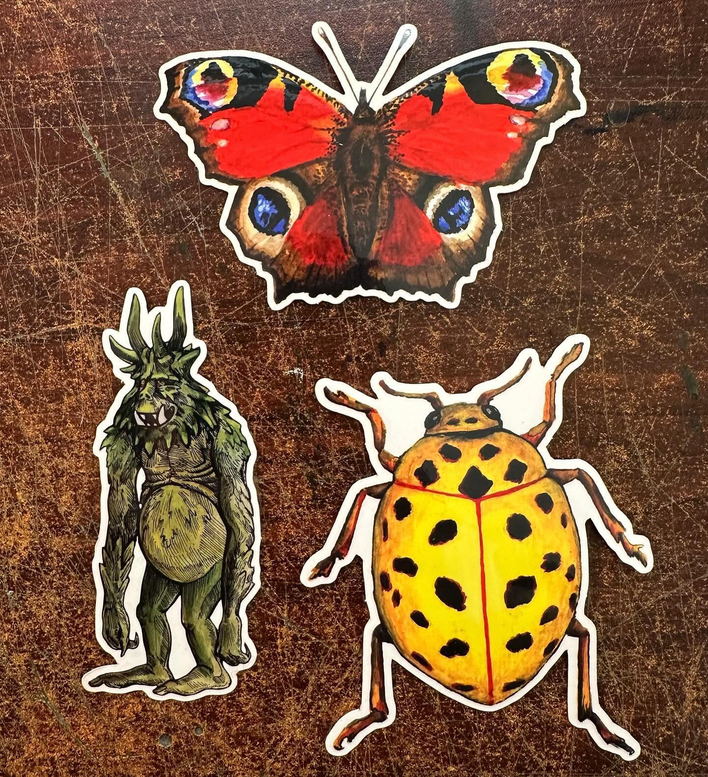 STICKERS!! 🐞🪲🧌
These are big beautiful vinyl stickers and I&rsquo;m very excited about them. 
I will have these at this month&rsquo;s BFF artist market!