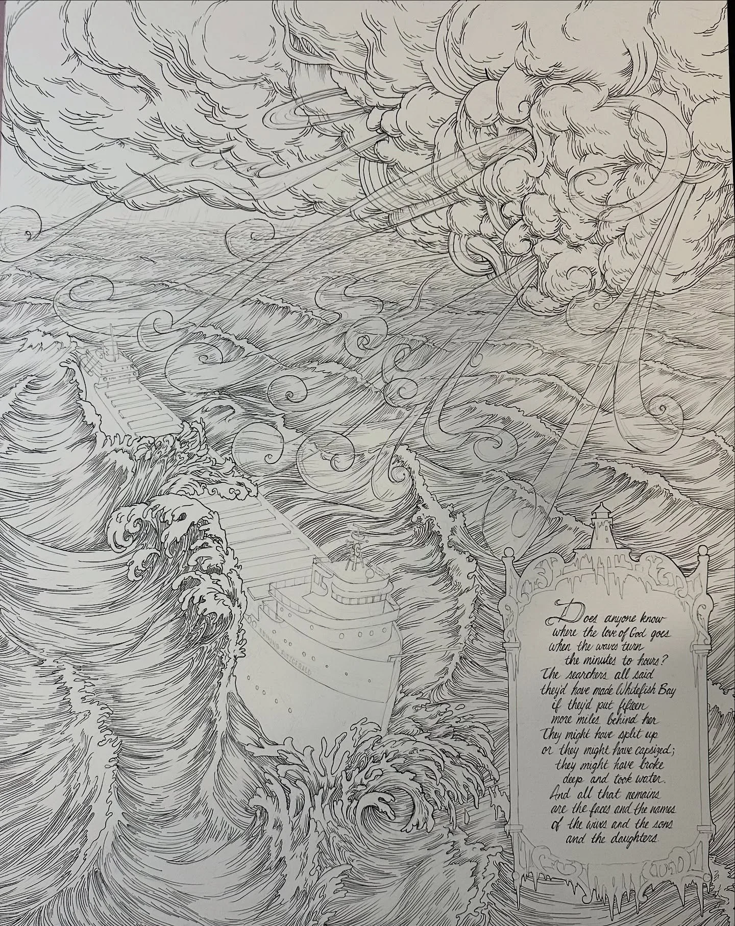 The pen drawing for my Edmund Fitzgerald piece - I already started filling it in with watercolor and there&rsquo;s no going back now!