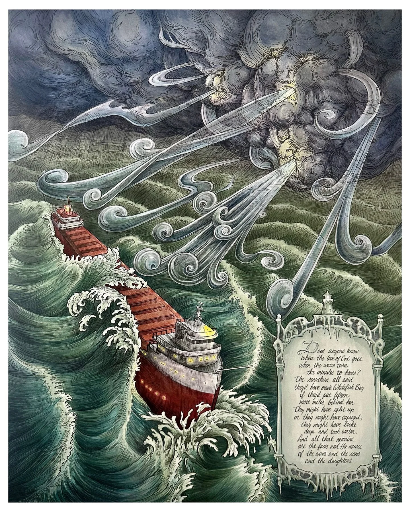 My Edmund Fitzgerald painting is finished and I&rsquo;m not sure what to call it-any suggestions? 
Last year, I got really into shipwrecks and nautical history. With the 50th anniversary of the wreck of the Edmund Fitzgerald, I imagined it depicted h