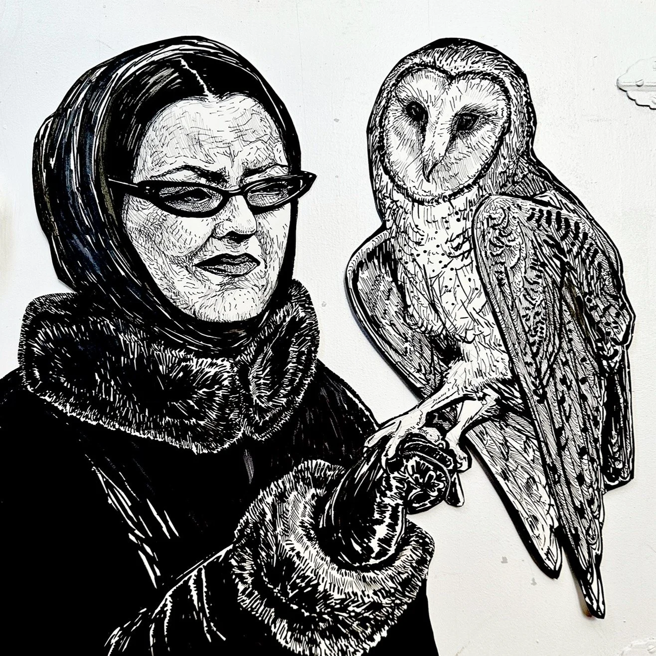 I was working on some owl stuff today and I thought I'd share this ancient drawing I made around 10 years ago. It's based off this picture I found on Pinterest of Bette Davis with a bird. I subbed in a barn owl because I thought would be nice contras