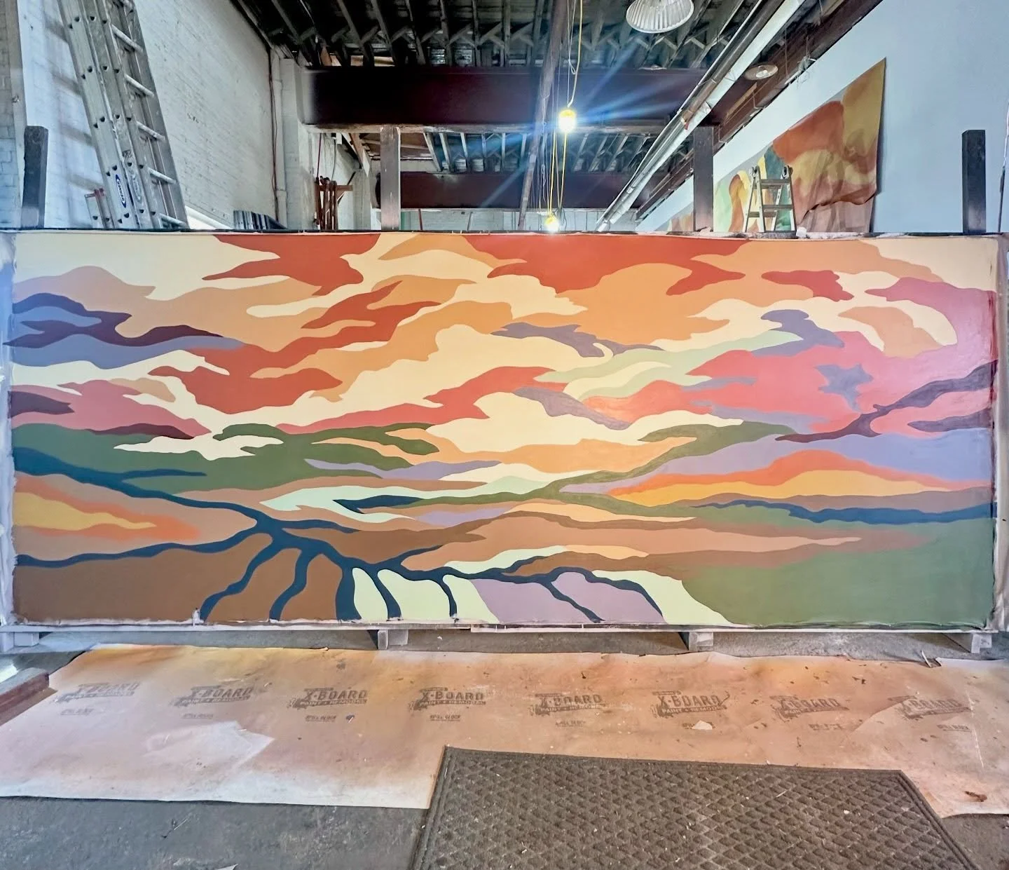 This is going to be the backdrop for a hospitality bar in a new apartment building. They were looking for something abstract, collage-y, and vaguely landscape-esque. Someone told me they thought it was a camo mural which made me laugh. Whenever this 