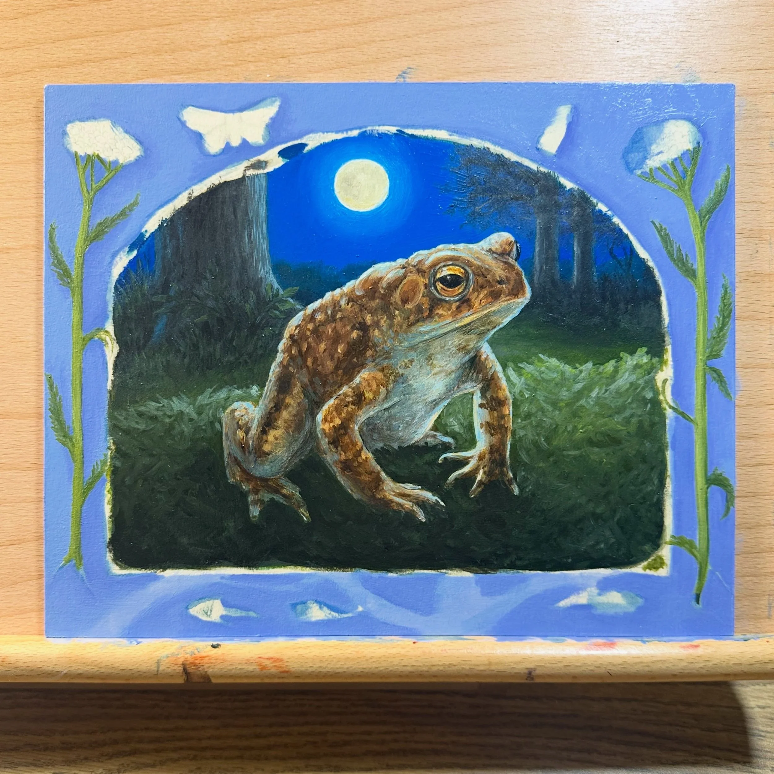 Some works in progress ✍️
Remember the toad painting from last year? Well I finally picked that up again.
The fiery salamander guy is trying out canvas as a surface again. I&rsquo;ve basically made a charmander but I&rsquo;ve realized that in my art 