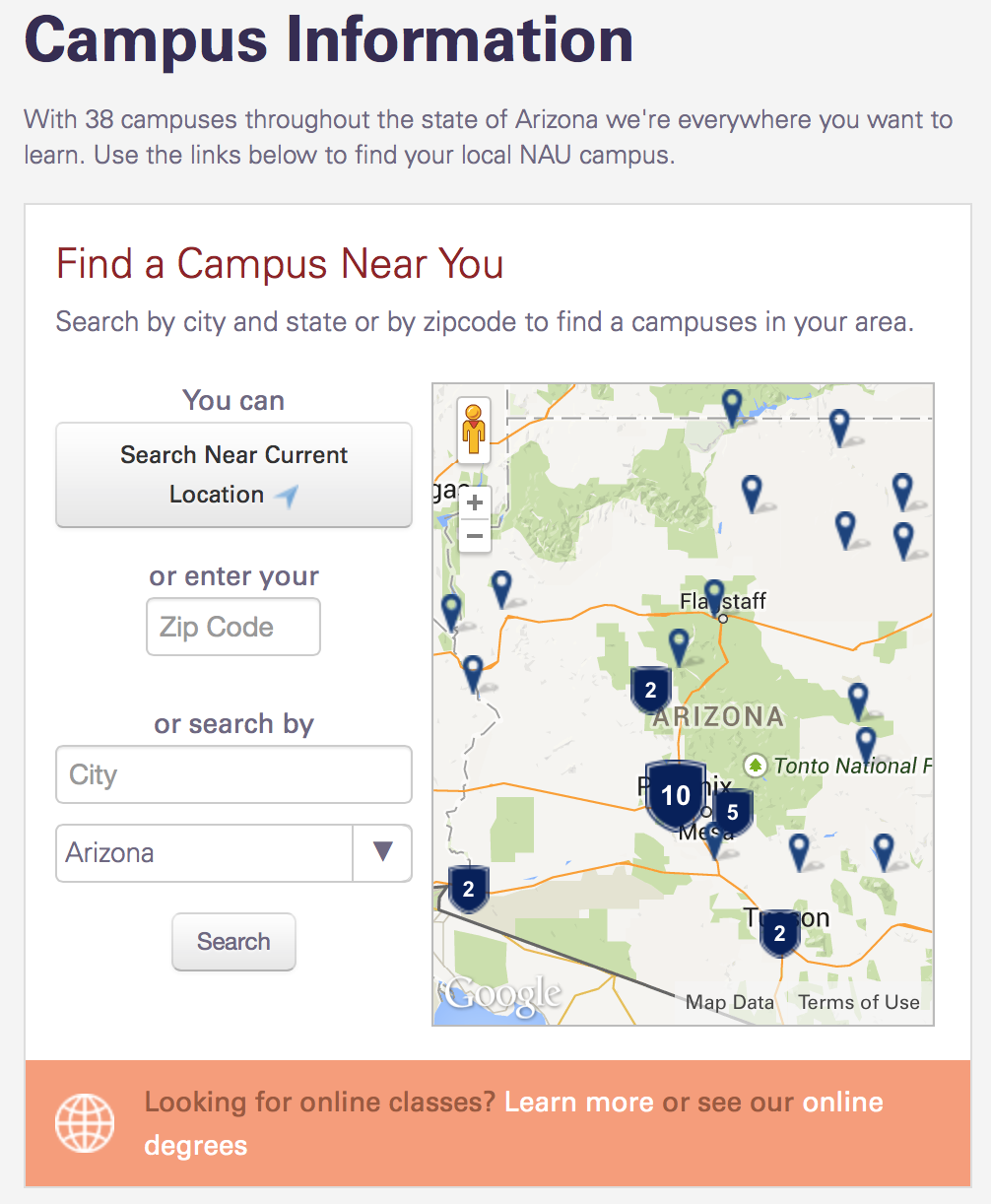 Screenshot of a colorful interactive map showing many campus locations around Arizona