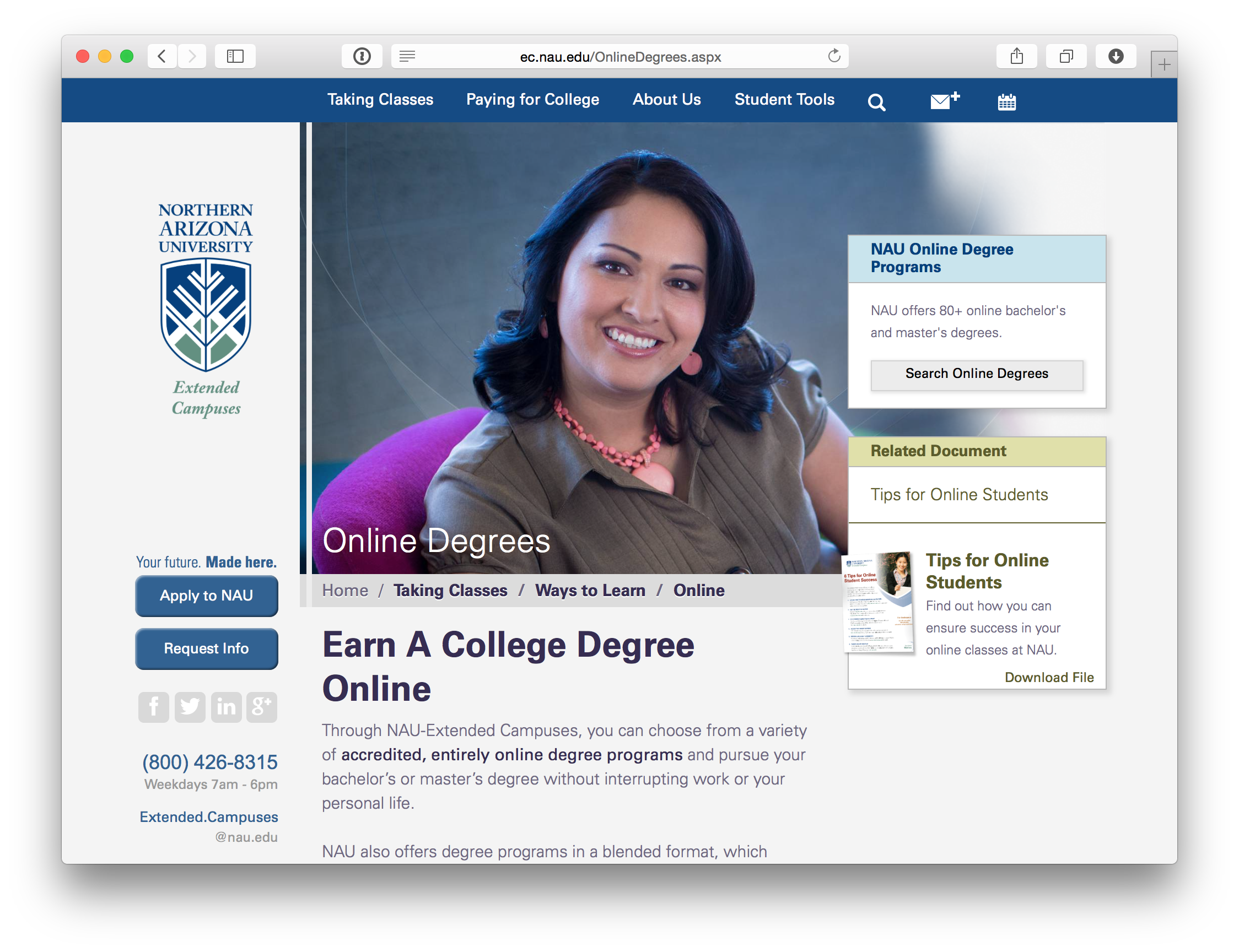 Screenshot of an "Online Degrees" page featuring a colorful photograph of a student