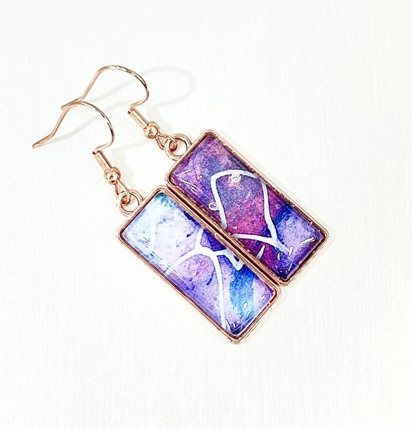 Sustainable Art Earrings 2.5cmx1cm made from Upcycled Mixed Media Art Print - "The Deep" 25-05