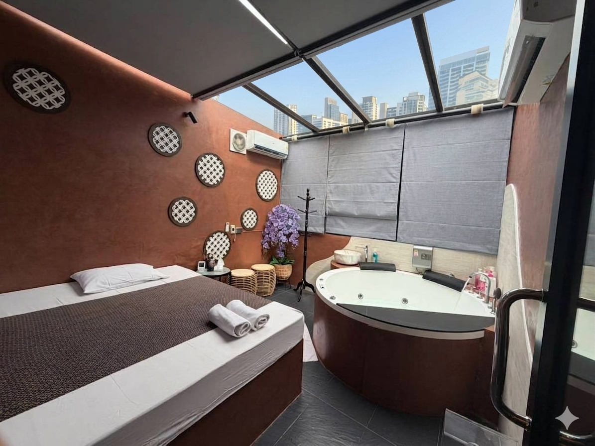 Indoor balcony with a bathtub, potted plants, blinds, and a view of tall buildings outside.