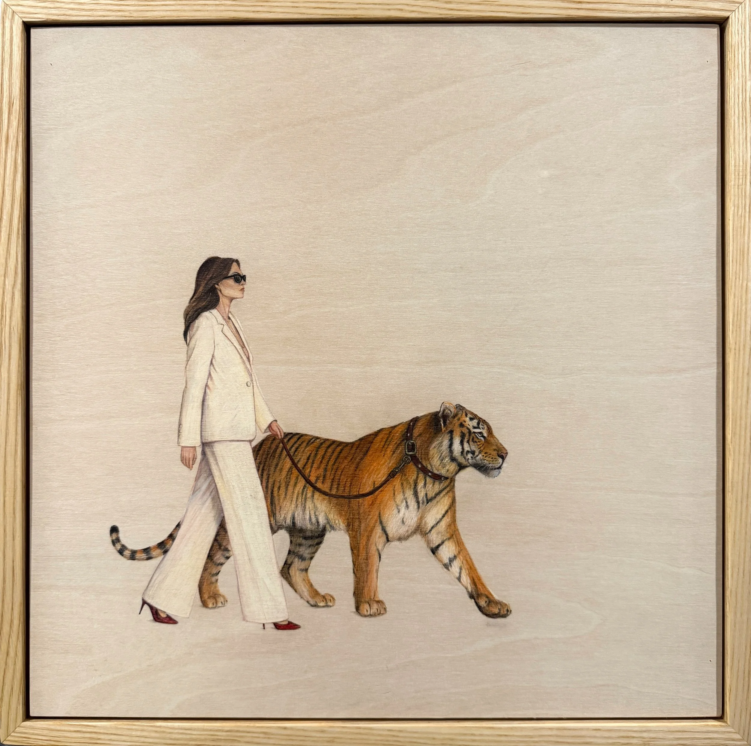 Walk Tall by Shanay Manitzky, showing a woman in a white suit walking confidently beside a tiger.