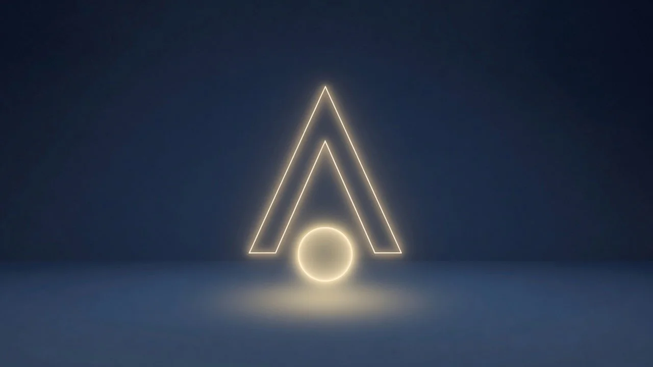 Imagem com linhas luminosas formando um triângulo invertido acima de uma esfera luminosa, contra um fundo escuro.