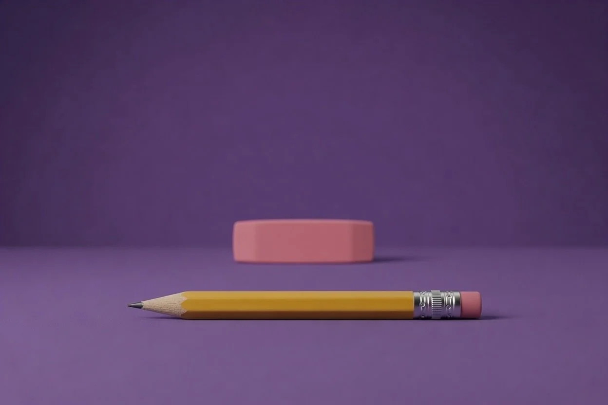 Lápis amarelo com borracha rosa e um pedaço de borracha rosa ao fundo, sobre um fundo roxo