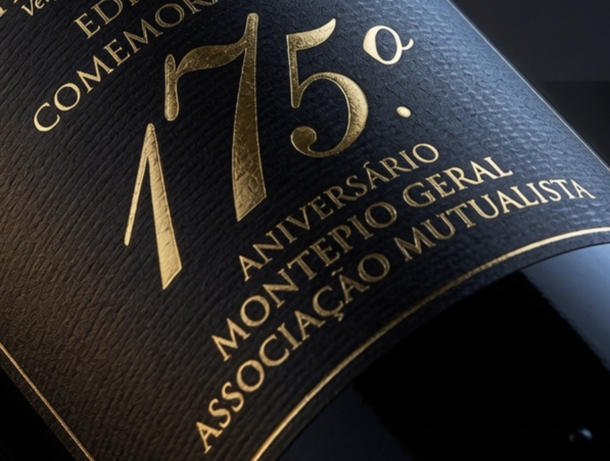 Rótulo de uma garrafa de vinho comemorativo de 75 anos, com texto em dourado na embalagem preta, celebrando o aniversário do Montepio Geral.