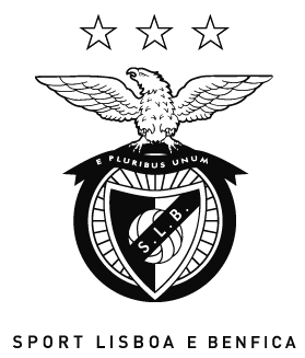 Escudo do Sport Lisboa e Benfica com uma águia dourada, três estrelas brancas acima, e a frase 'E Pluribus Unum' ao centro, fundo preto.