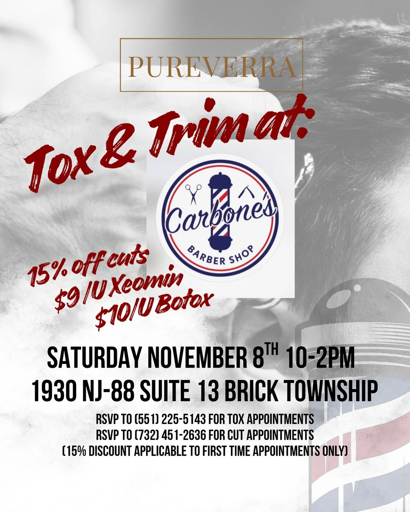 Tox &amp; Trim 💈💉
We&rsquo;re teaming up for the ultimate refresh &mdash; clean cuts + smooth confidence!
Join us Saturday, November 8th from 10&ndash;2 PM at Carbone&rsquo;s Barber Shop (Brick Township) for a one-day event you don&rsquo;t want to 