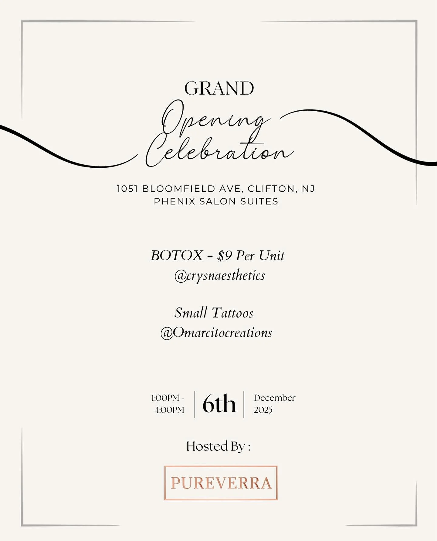 Opening Celebration of AV! ✨
Join us for an afternoon of beauty, art, and community as we open our doors at 1051 Bloomfield Ave, Clifton, NJ &mdash; inside Phenix Salon Suites.

Enjoy exclusive offerings including Botox at $9 per unit by @crysnaesthe
