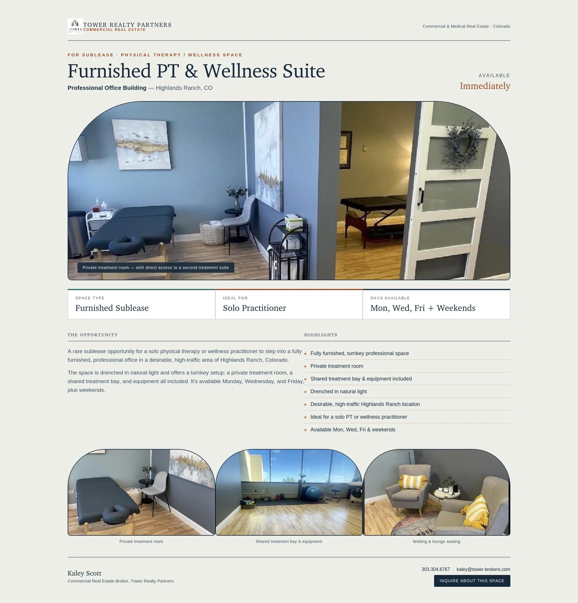 Screenshot of a real estate webpage showcasing a furnished PT and wellness suite. The page includes images of a cozy waiting and lounge area with armchairs, pillows, and a side table, a treatment room with a treatment bed, and exercise equipment in a shared treatment bay. The webpage text highlights the space as fully furnished, private, and suitable for solo practitioners, available Monday, Wednesday, Friday, and weekends.