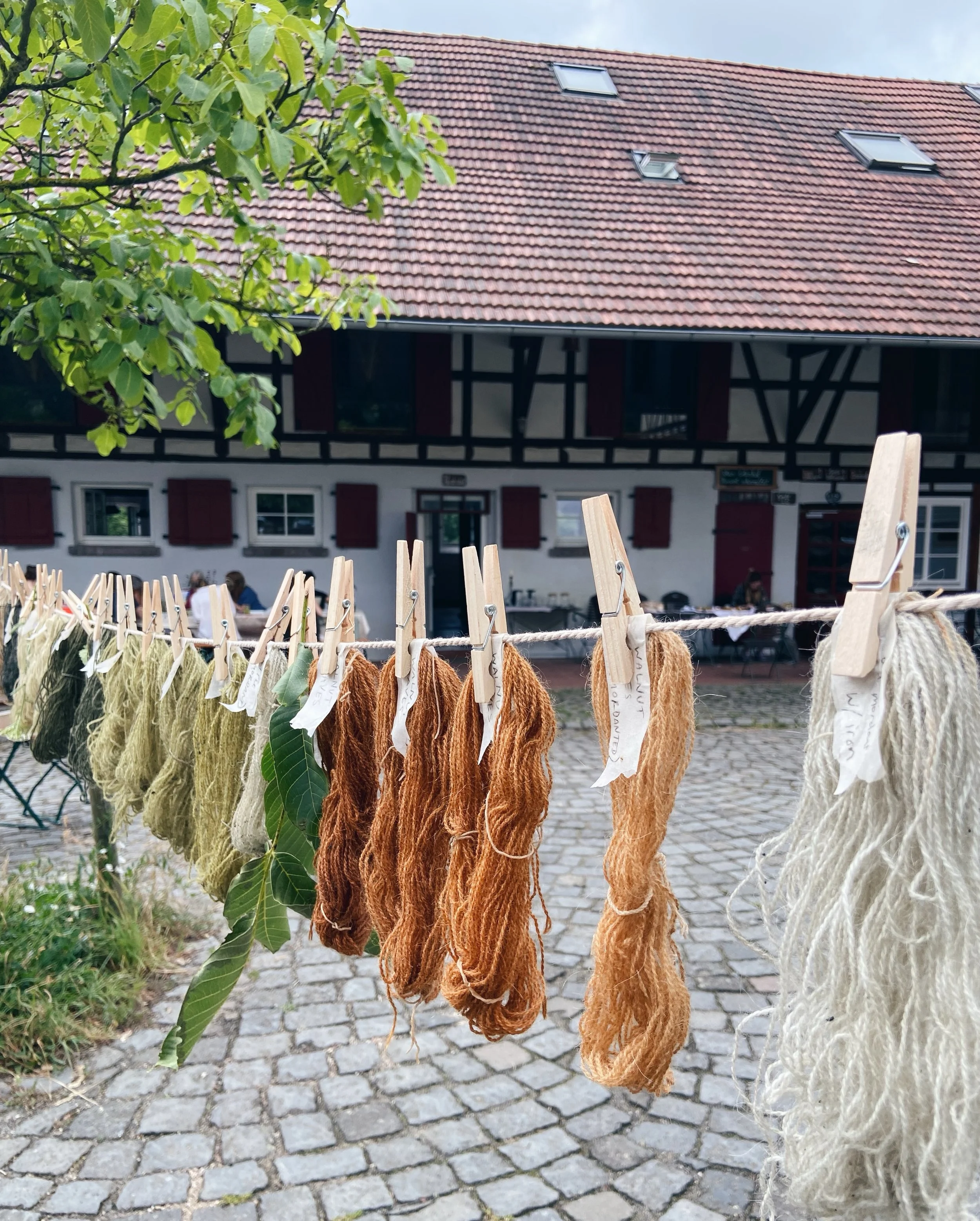 KINDRED SPIRITS day 3 - Drying our naturally dyed yarns, distilling ideas from the drawings, and working on the design for our larger weaving. Of course, there was also delicious food in between, thanks to @melaniewehrli, as well as exploring color c
