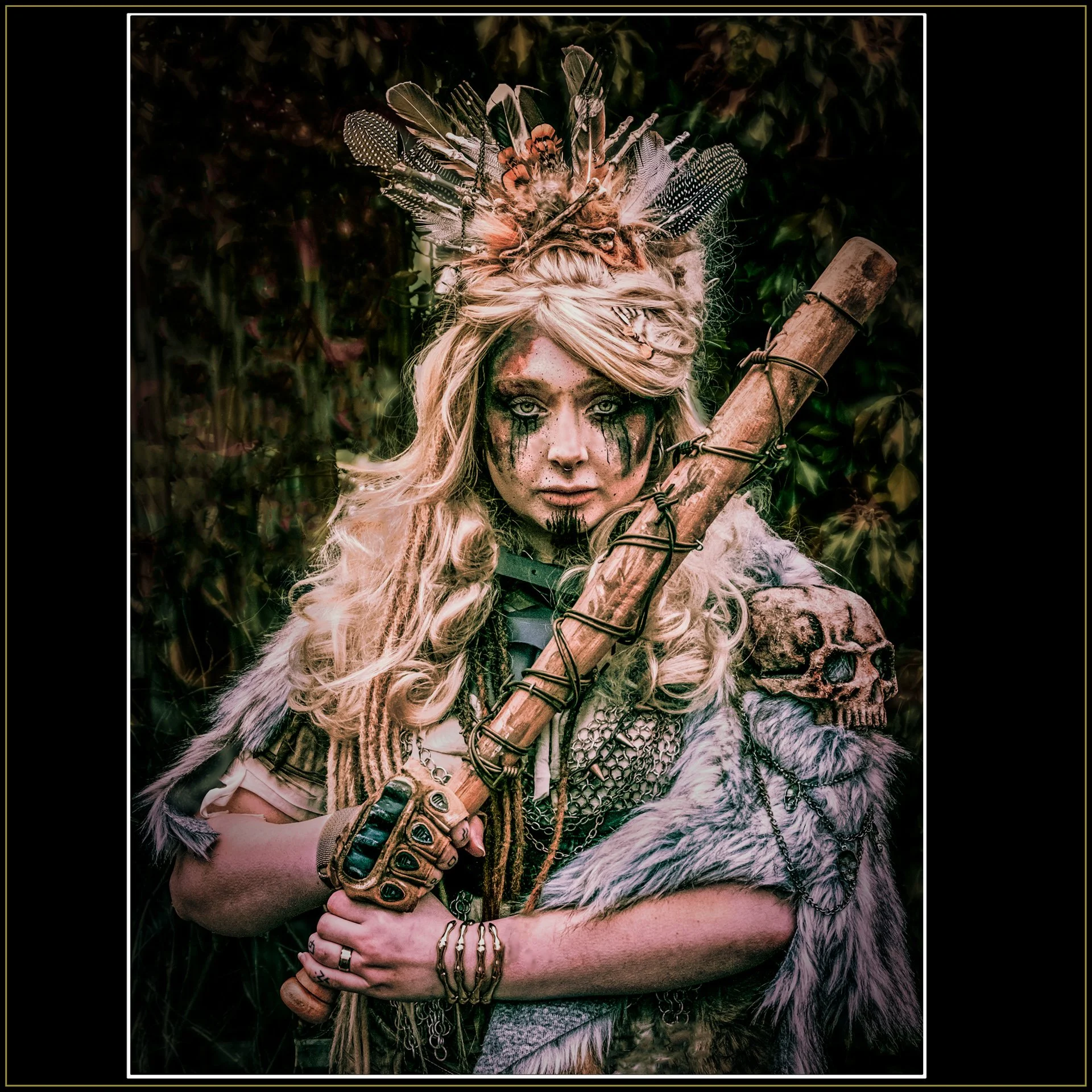 Bludgeon Queen Dark-Art Photography by Catherine Knee. Cinematic portrait of post-apocalyptic female warrior with skull shoulder armour and feather crown gripping wired baseball bat in forest setting.