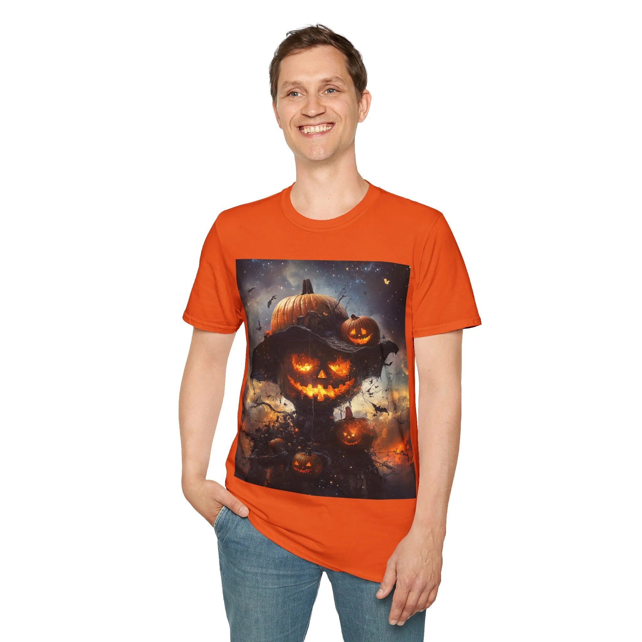 Orange Halloween Range Tshirt with Spooky Scarecrow, fiery eyed pumpkin scarecrow design, model view
