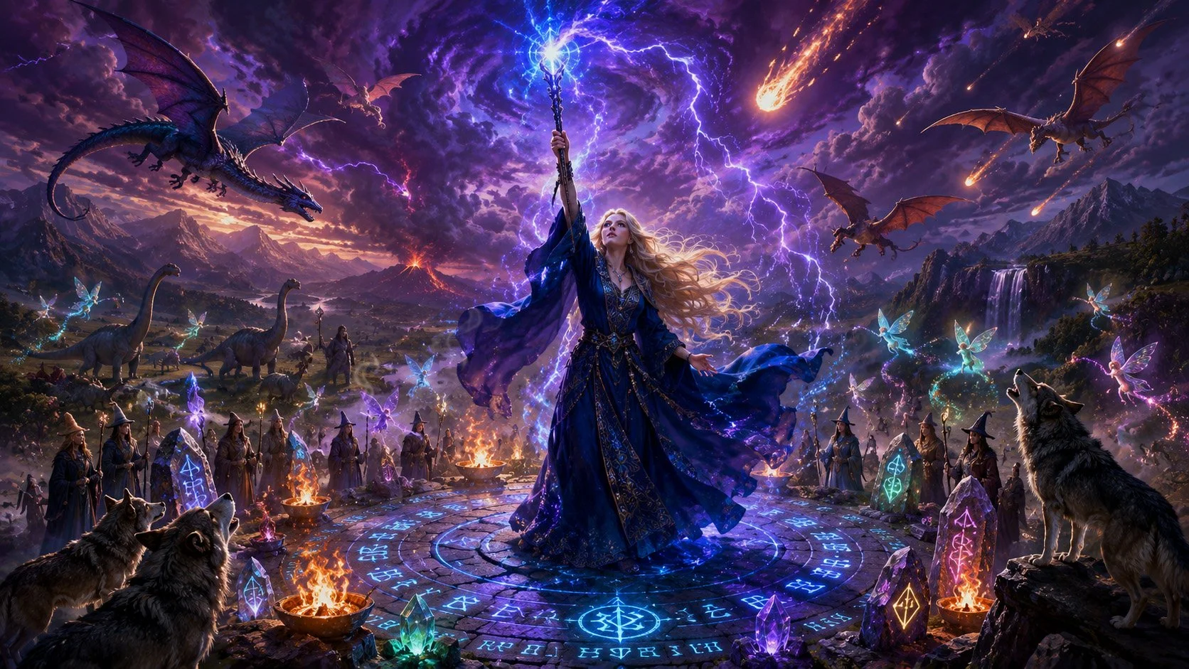 AI Illustration for poem "If I Chose My Dream" by Catherine Knee. A powerful blonde sorceress stands within a glowing stone circle as dragons, dinosaurs, faeries and magic fill a dramatic fantasy landscape beneath a storm lit sky.