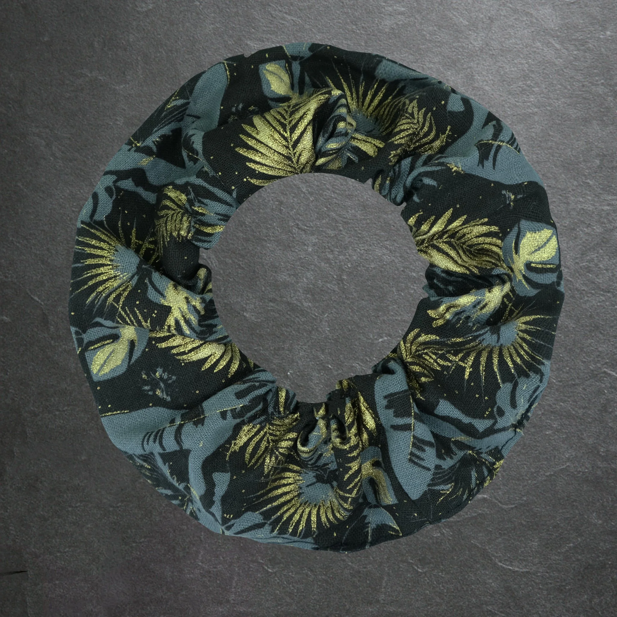 Black Premium Range scrunchie with gold and grey leaves, handmade alternative hair accessory by Creatoria Nyx