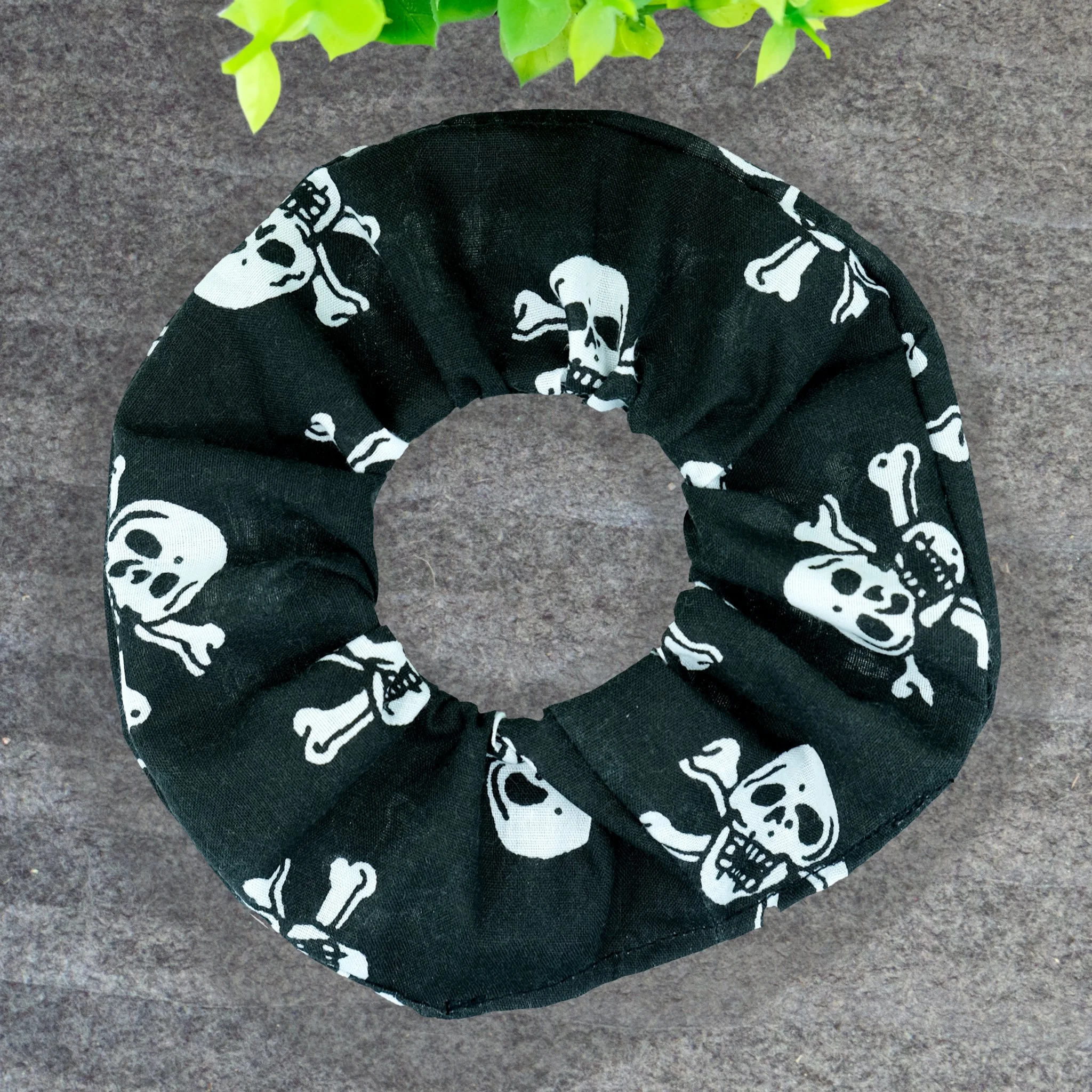 Black Axis Range scrunchie with medium white skull pattern, handmade gothic hair accessory by Creatoria Nyx