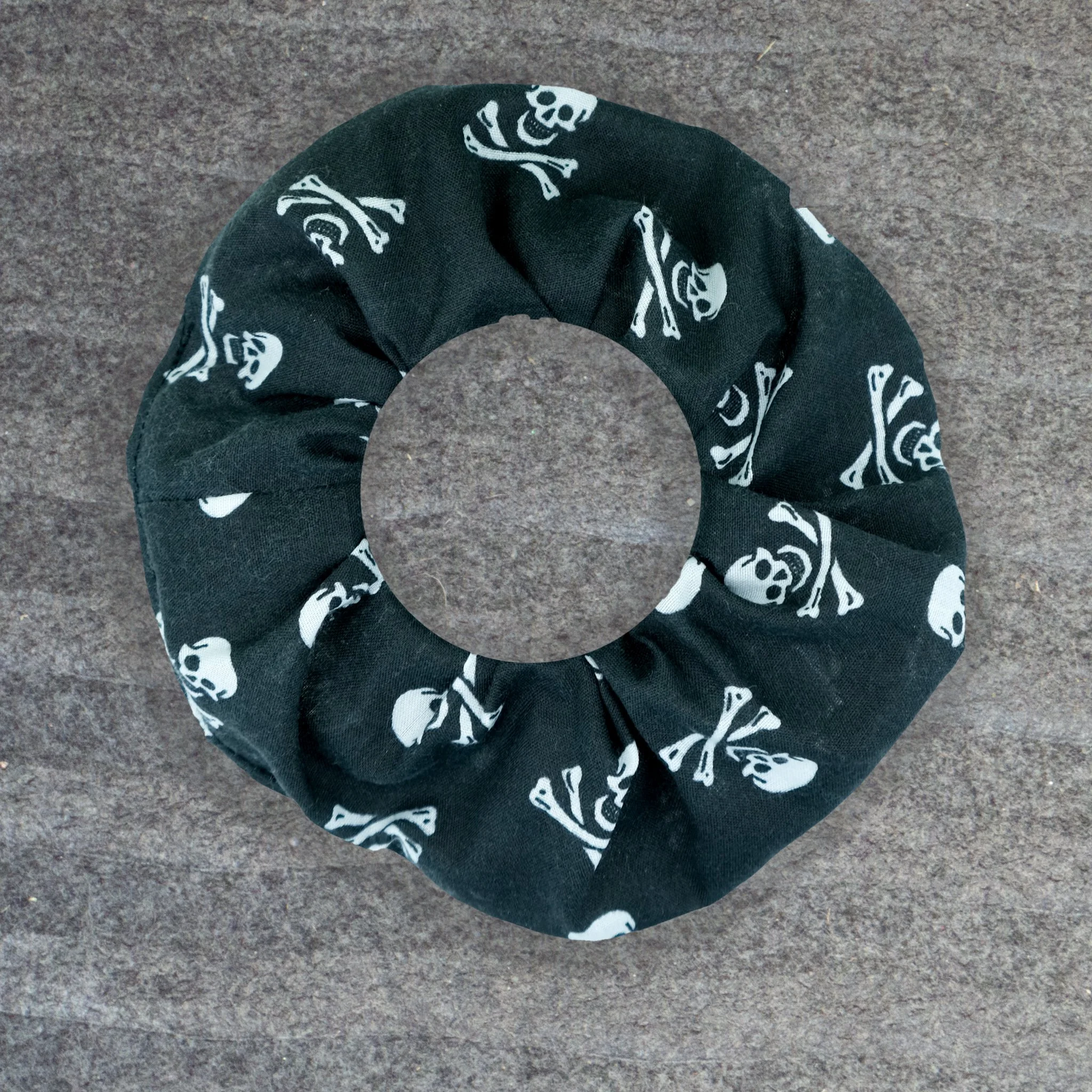 Black Axis Range scrunchie with small white skull pattern, handmade gothic hair accessory by Creatoria Nyx