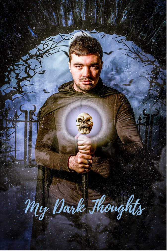 Front cover of notebook with man in dark cloak holding a staff topped with a skull, standing before gothic gates under a night sky, titled My Dark Thoughts