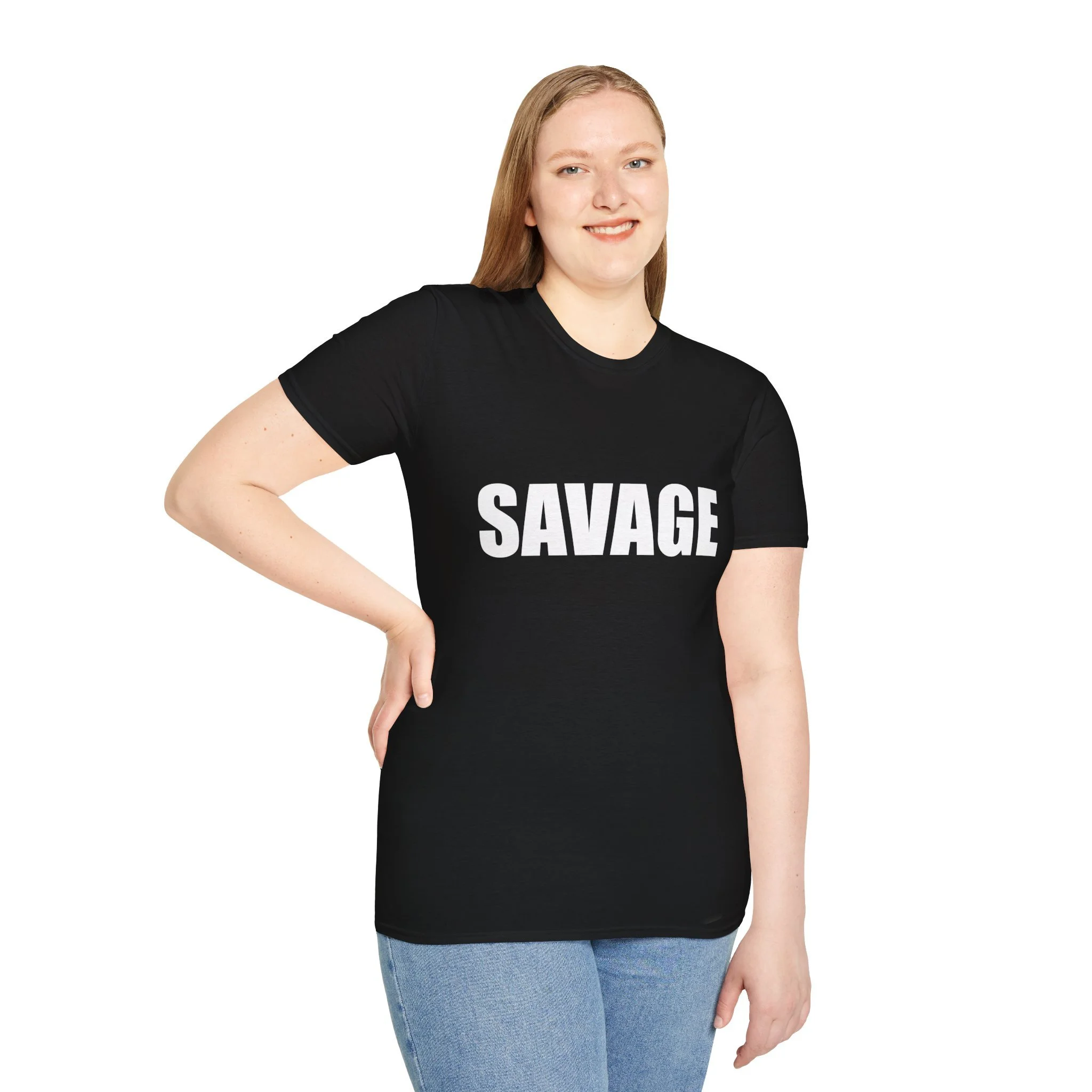 Savage slogan T-shirt worn by model. Black shirt with bold white text design.