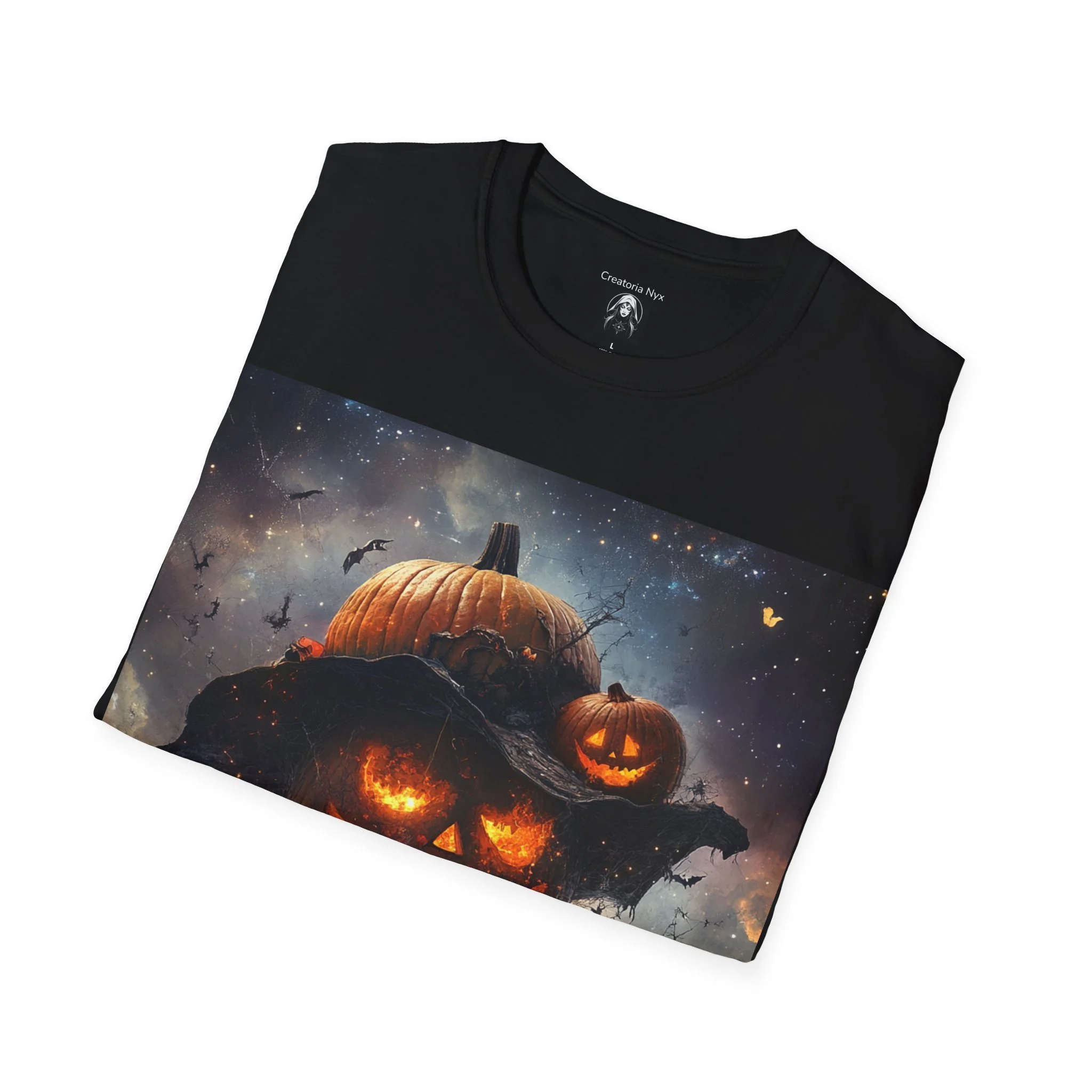 Black Halloween Range Tshirt with Spooky Scarecrow, fiery eyed pumpkin scarecrow design, folded view