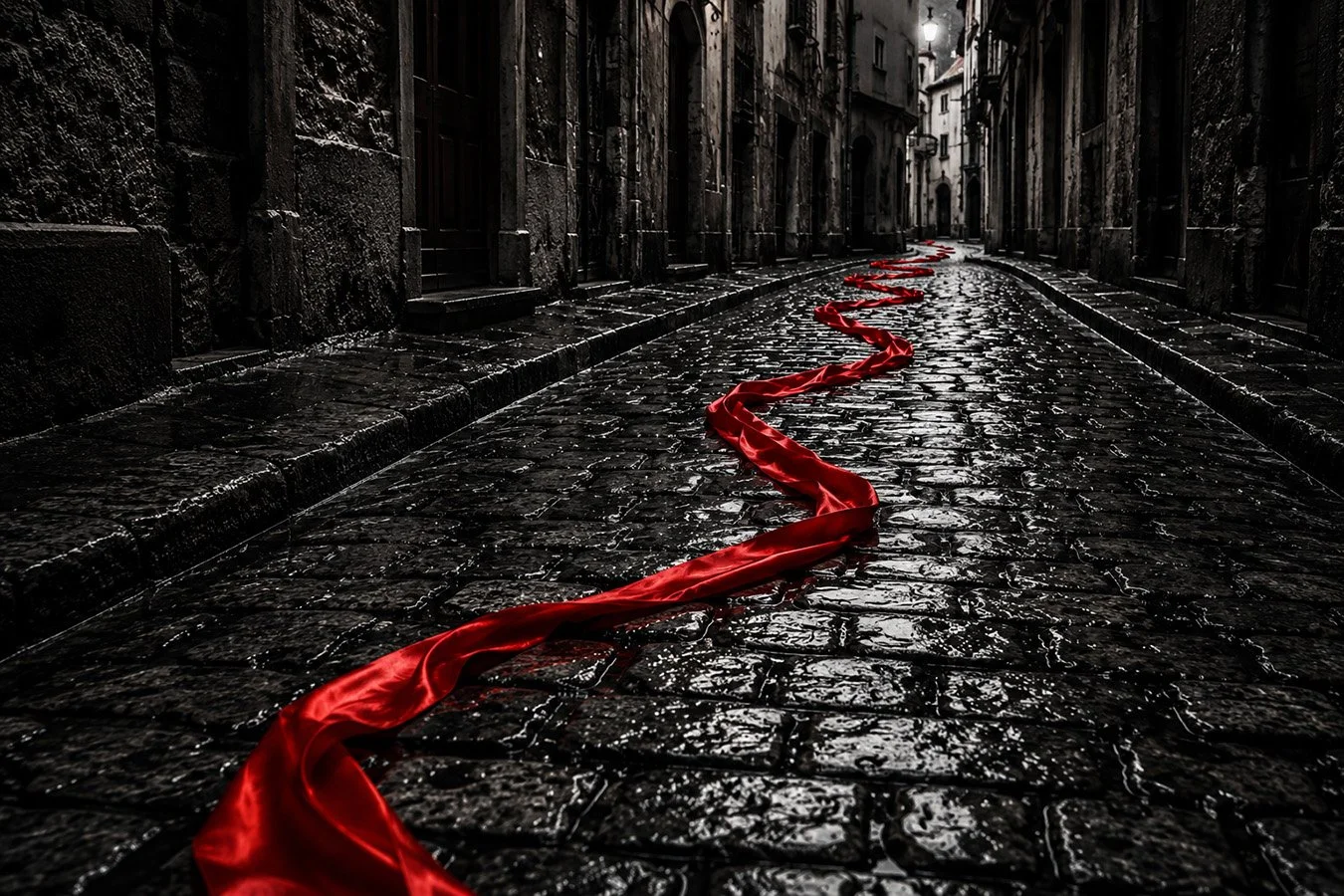 AI Illustration for poem "Red" by Catherine Knee. A vivid scarlet ribbon winds through a rain soaked cobbled street, creating a symbolic river of red against a monochrome cityscape.