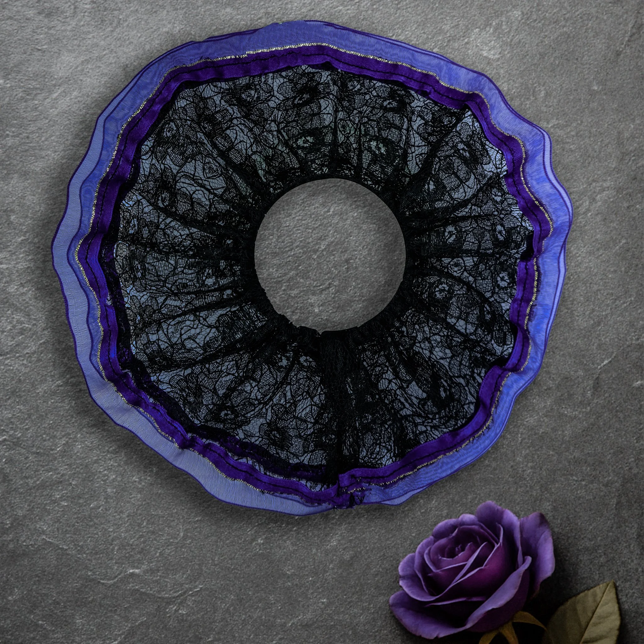 Black lace Premium Range frilly scrunchie with purple ribbon trim, handmade alternative hair accessory by Creatoria Nyx