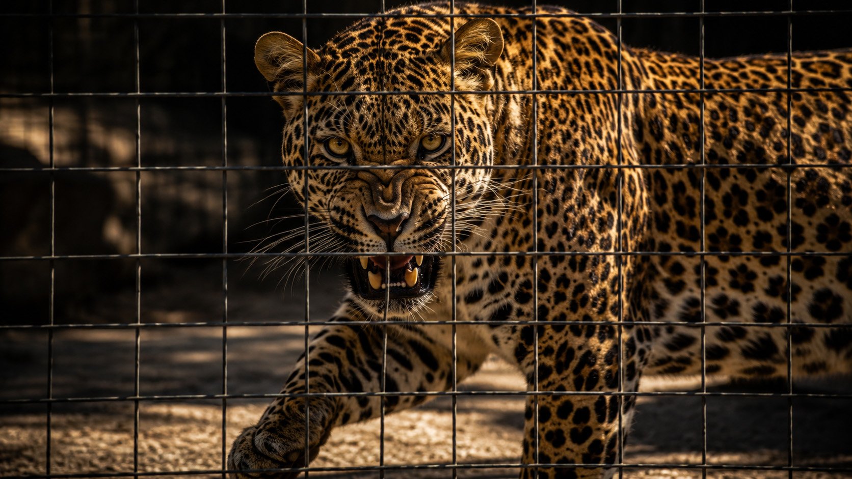 AI Illustration for poem "Leopard" by Catherine Knee. A powerful leopard fixes the viewer with an intense amber stare from behind a zoo enclosure, revealing sharp canine teeth and unmistakable predatory presence.