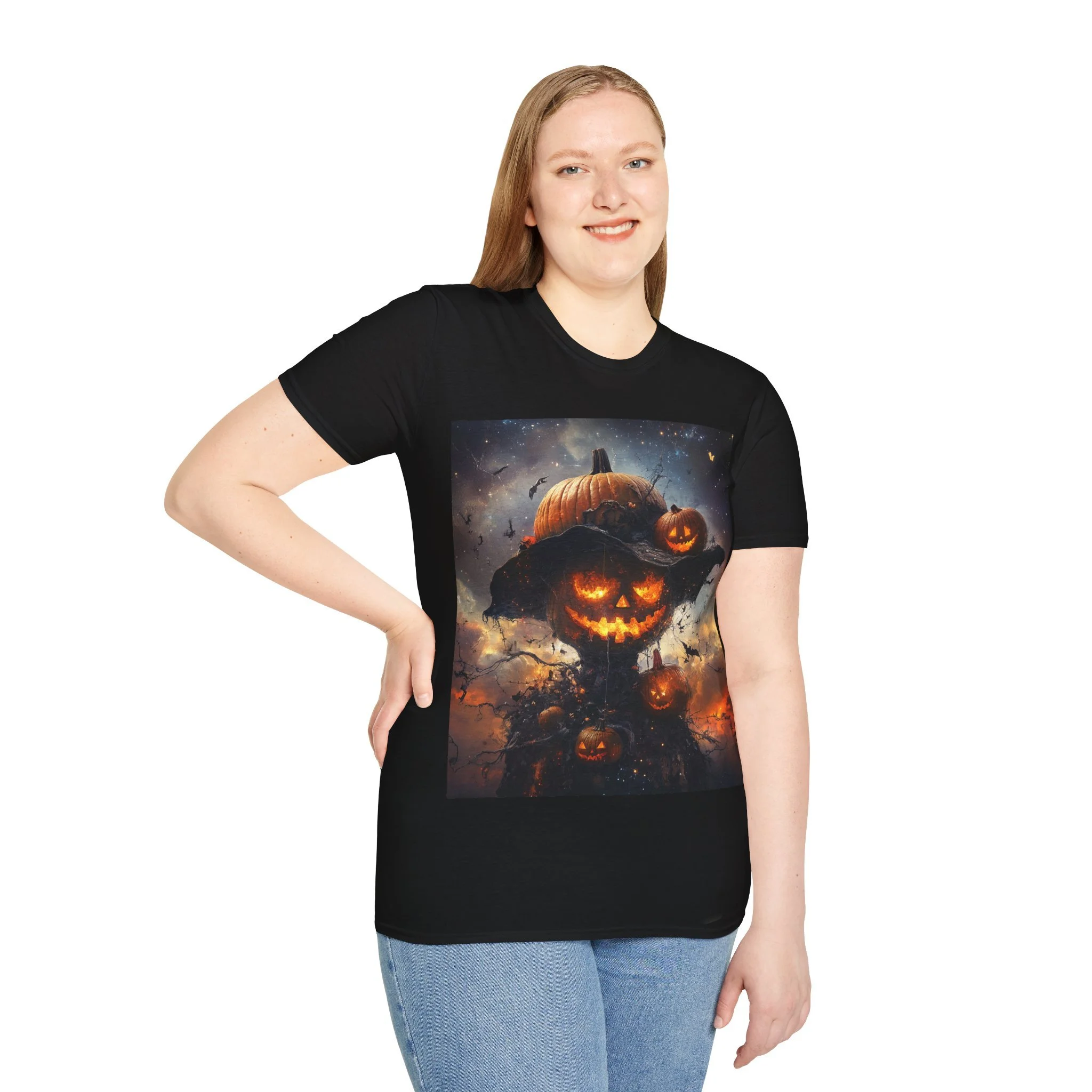 Black Halloween Range Tshirt with Spooky Scarecrow, fiery eyed pumpkin scarecrow design, model view