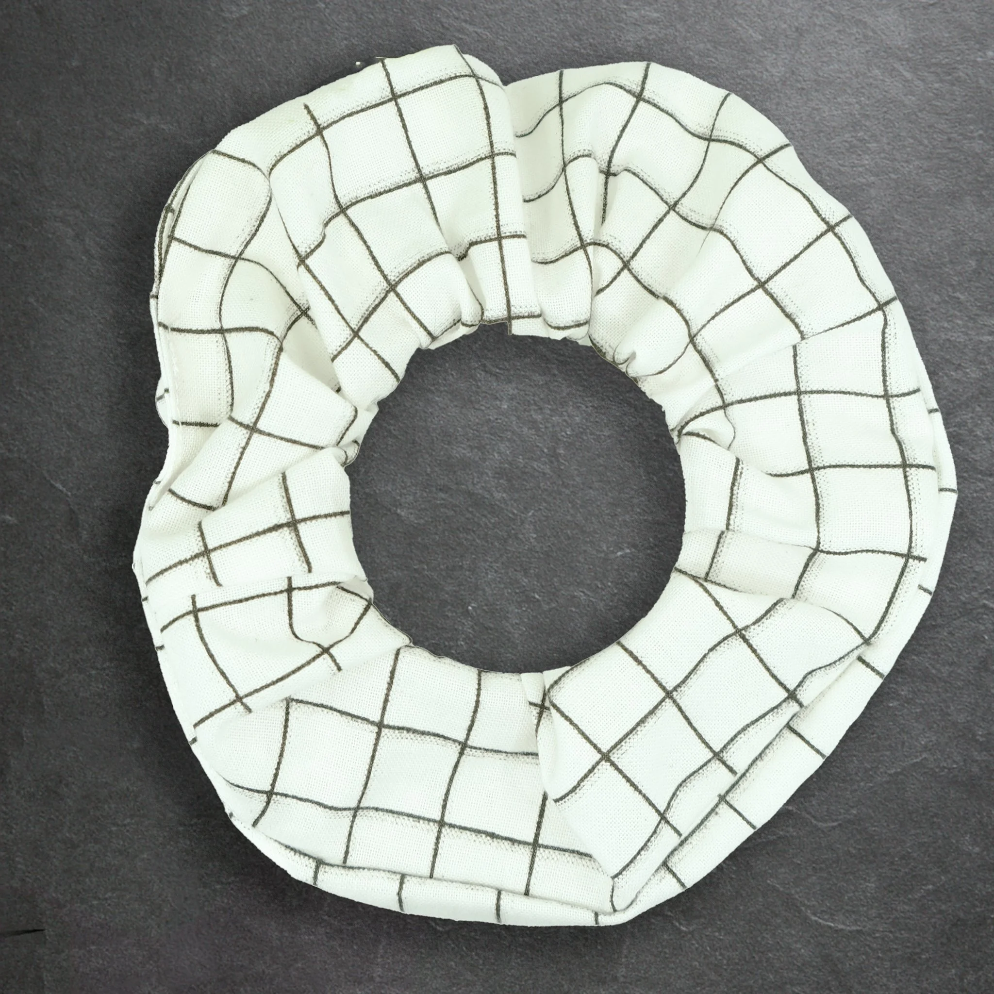 Cream Axis Range scrunchie with black check pattern, handmade alternative hair accessory by Creatoria Nyx