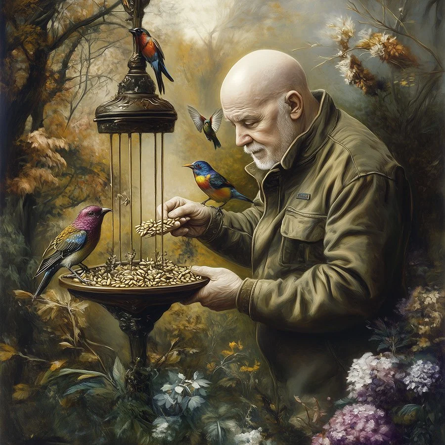 AI Illustration for poem “Morning of the Birds” by Catherine Knee. Elderly man refilling a bird feeder in a garden surrounded by colourful songbirds in soft morning sunlight.