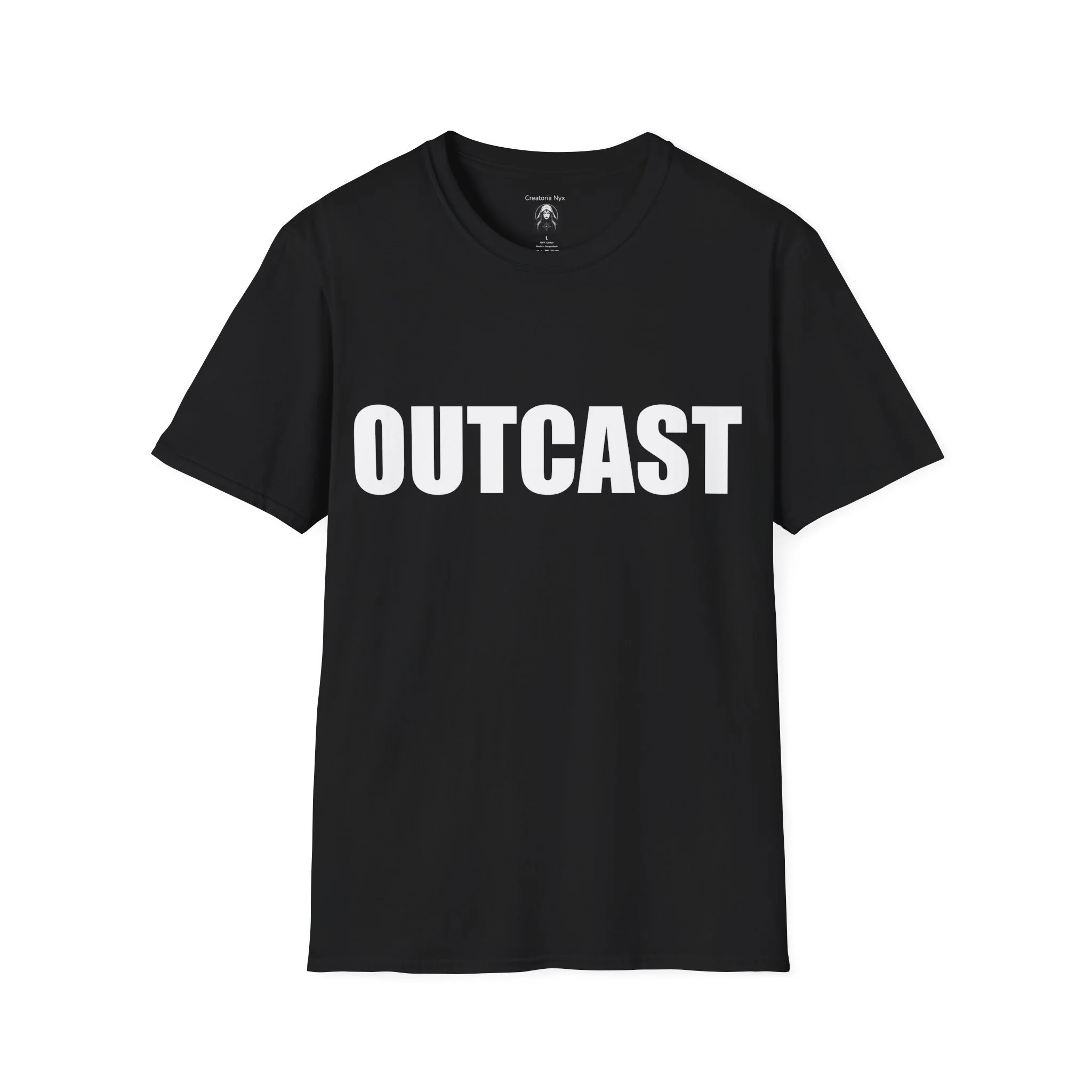 Outcast slogan T-shirt front view. Black shirt with bold white text design.