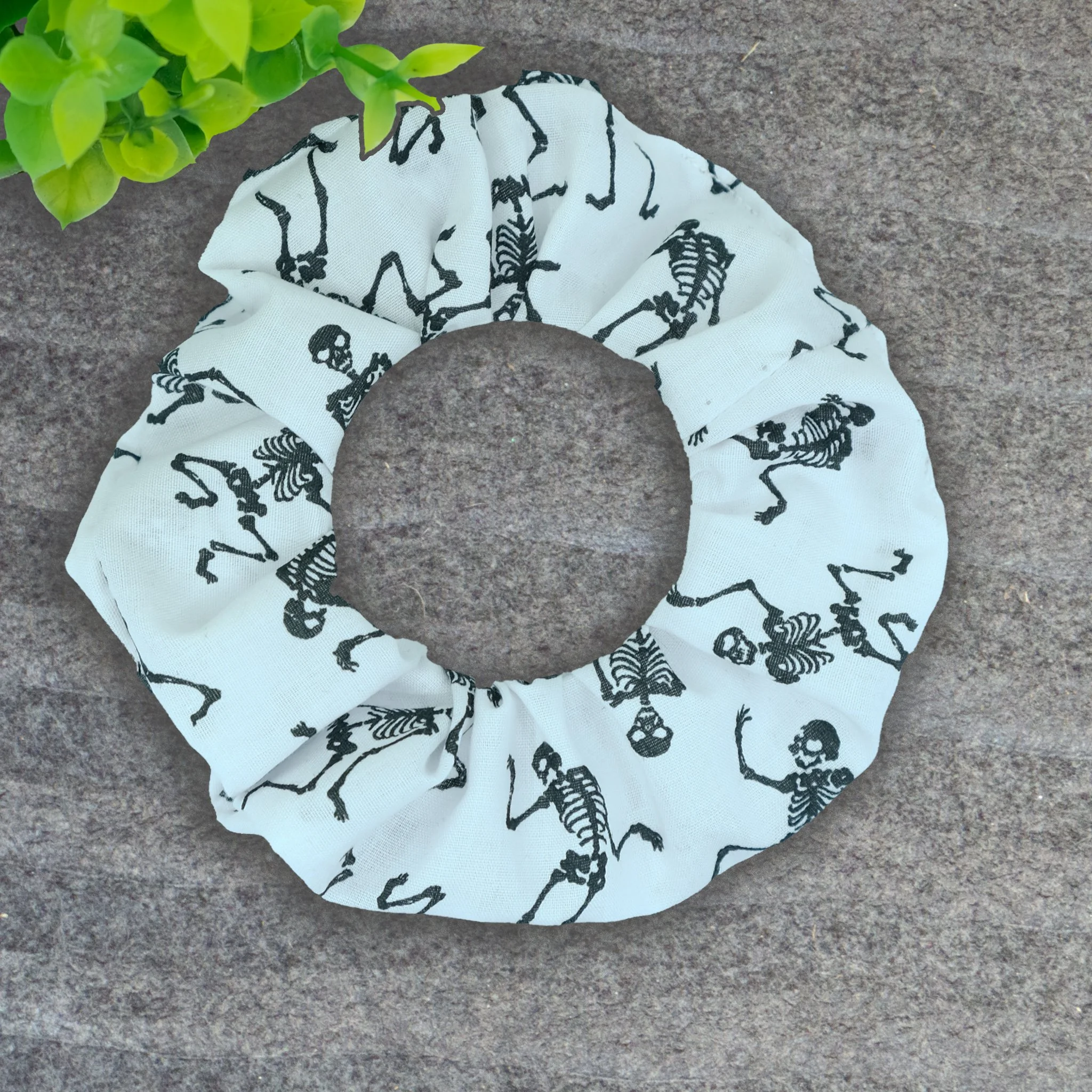 White Axis Range scrunchie with dancing skeleton pattern, handmade gothic hair accessory by Creatoria Nyx
