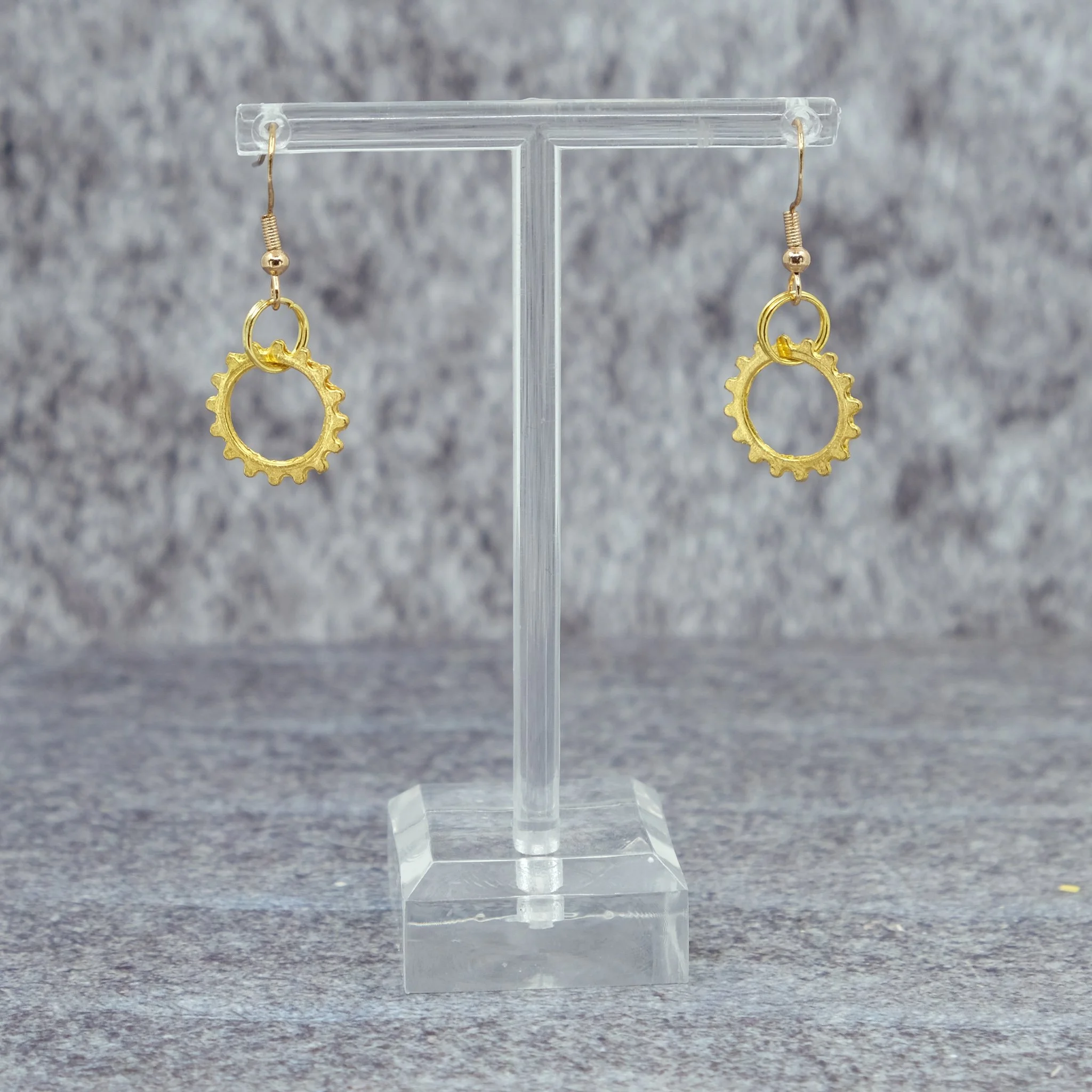 Gold Axis Range earrings with cog design alternative jewellery by Creatoria Nyx