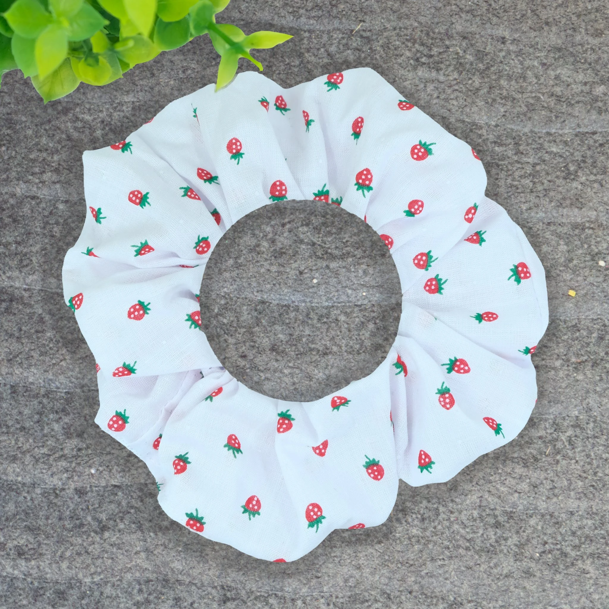 White Axis Range scrunchie with red strawberry pattern, handmade dainty hair accessory by Creatoria Nyx