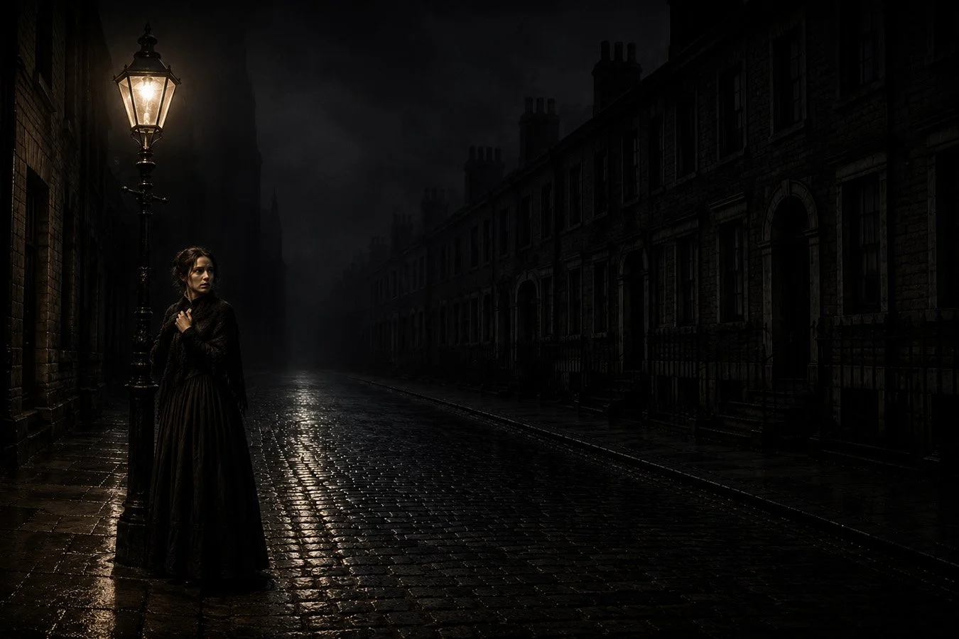 AI Illustration for poem "Silence Walks" by Catherine Knee. A fearful woman stands alone beneath a Victorian gas lamp on an empty street at night as darkness closes in around her.