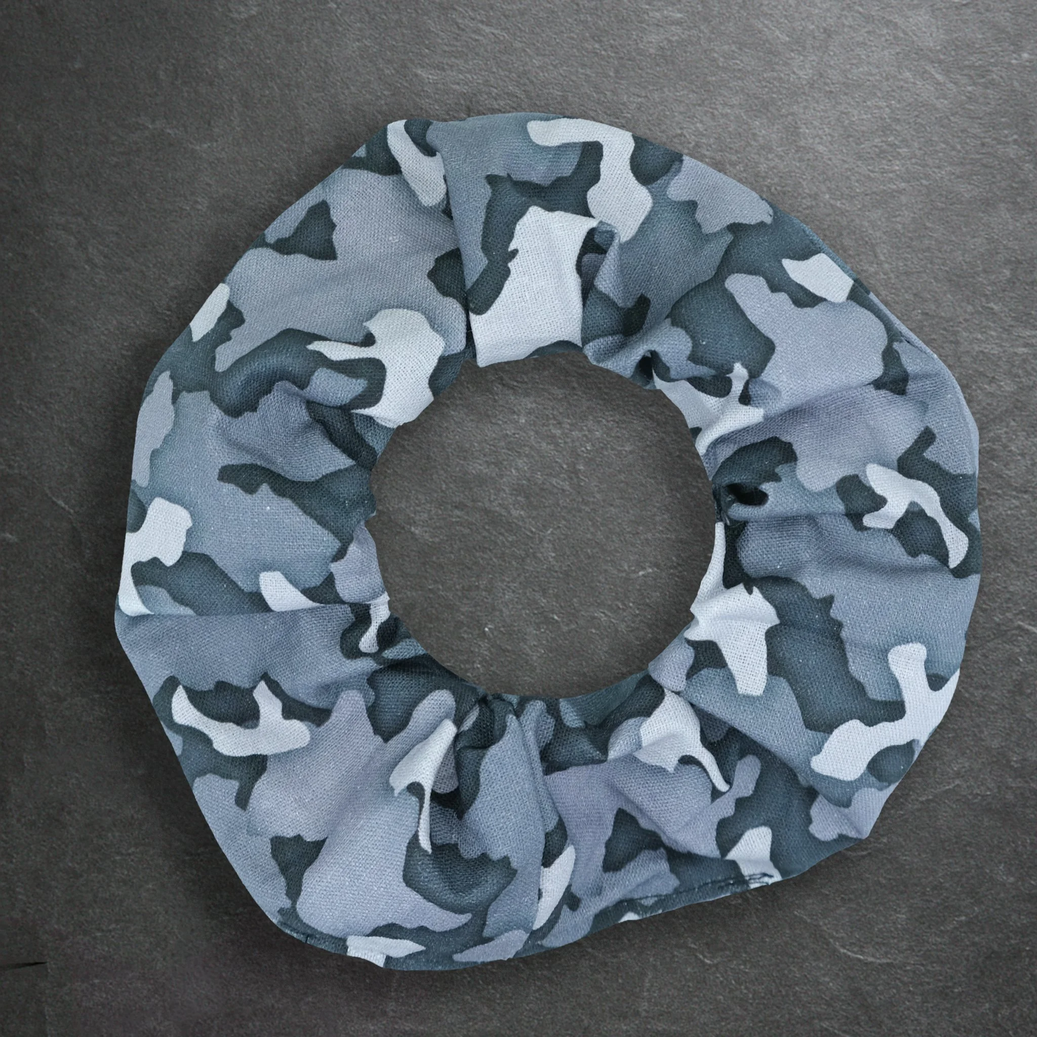 Grey Axis Range scrunchie with camo pattern, handmade alternative hair accessory by Creatoria Nyx