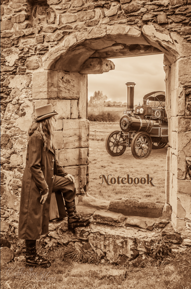Front cover of sepia toned notebook with steampunk style scene of a person in long coat and hat looking through a stone window at a vintage steam engine